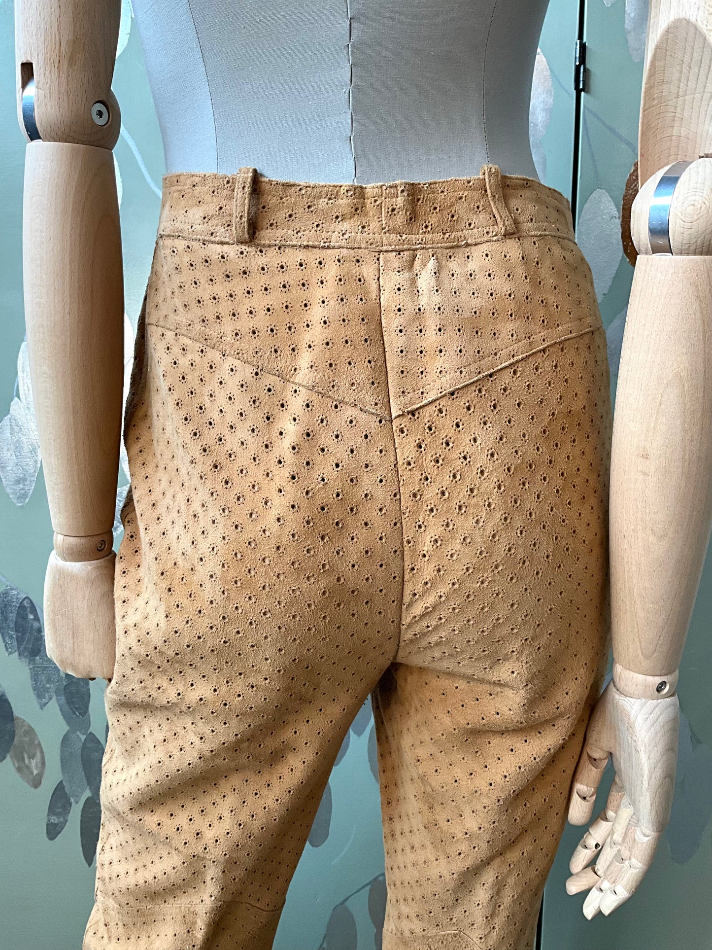 Vintage 1980s Tan Perforated Suede Pant Suit, Small