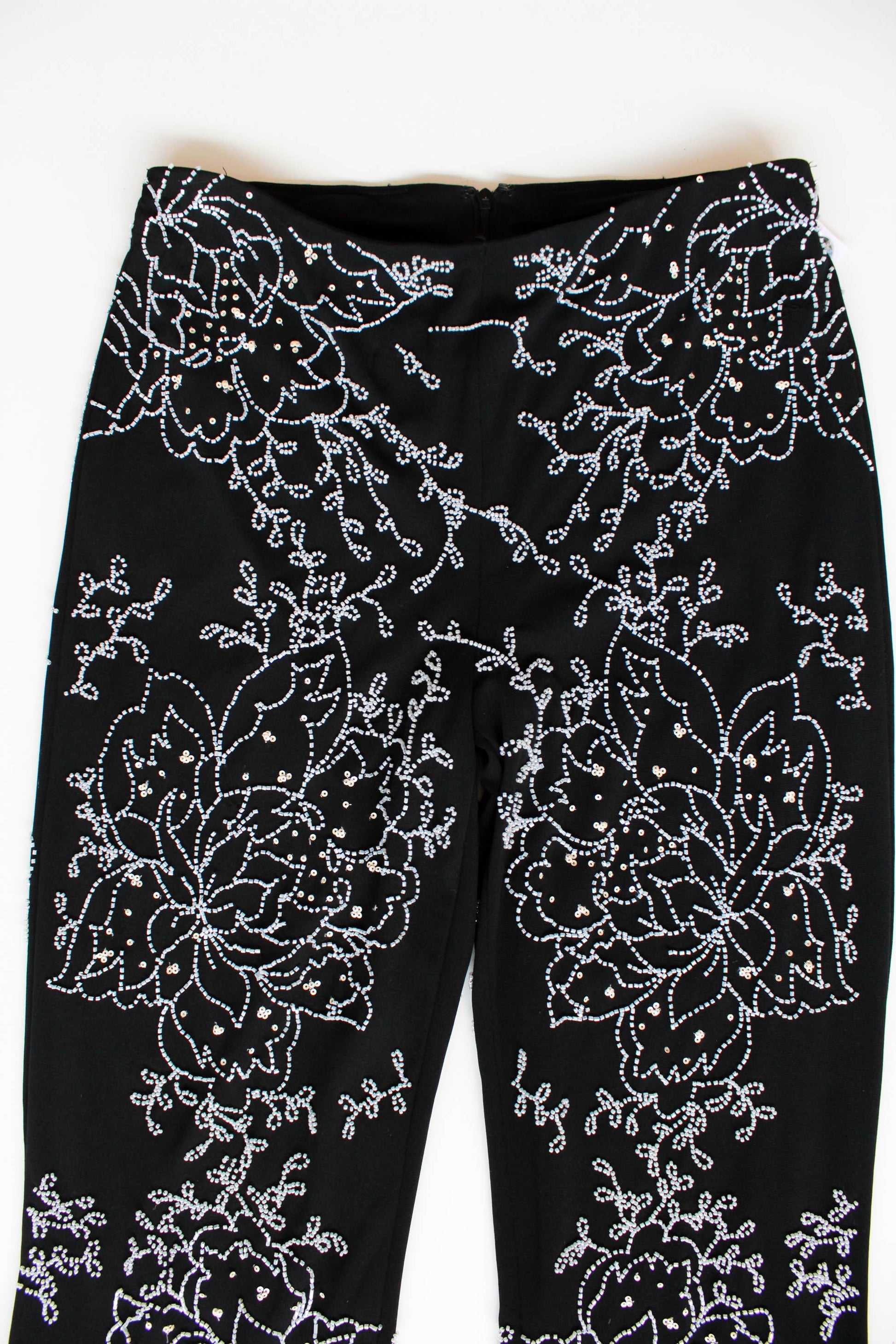 y2k silver beaded flower design sequinned black pants kick flares with stretch