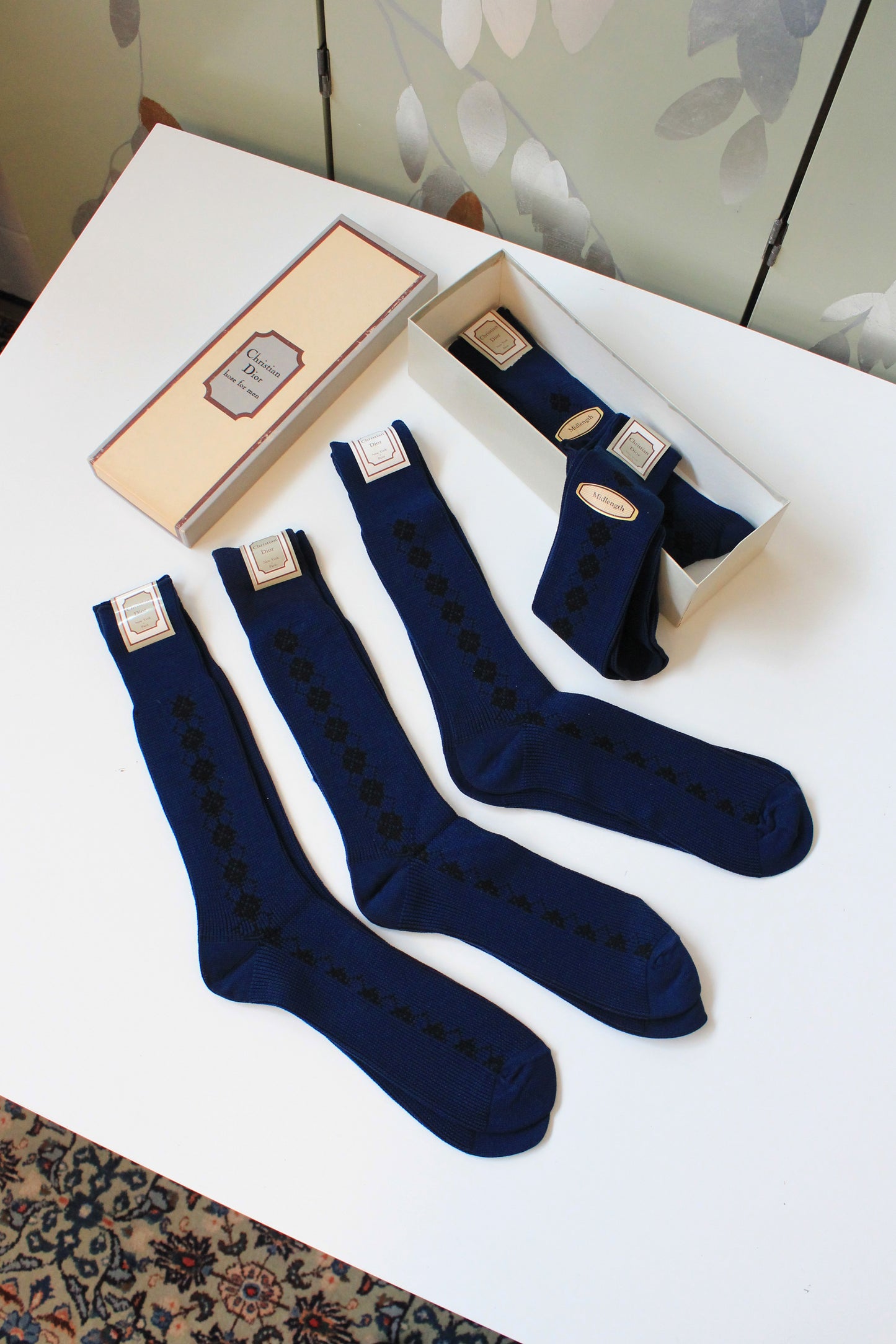 80s/90s Deadstock Christian Dior Blue Argyle Nylon Socks, Size 10-13, Multiples