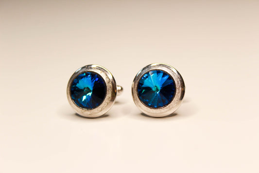 1970s blue glass crystal round cufflinks with silver border vintage gift for him