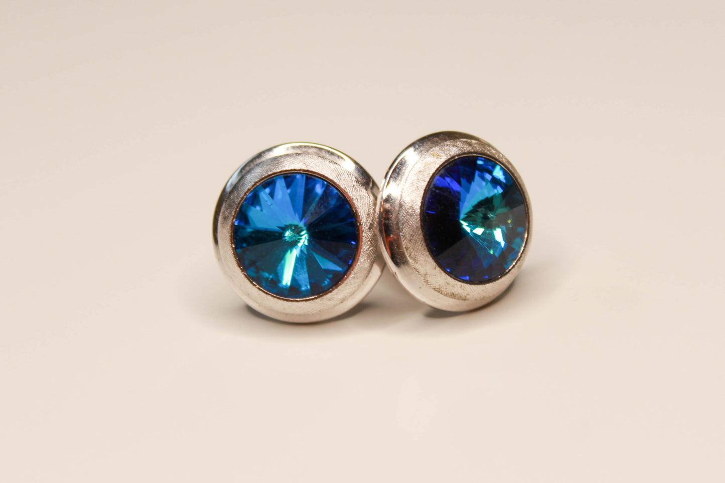 1970s blue glass crystal round cufflinks with silver border vintage gift for him