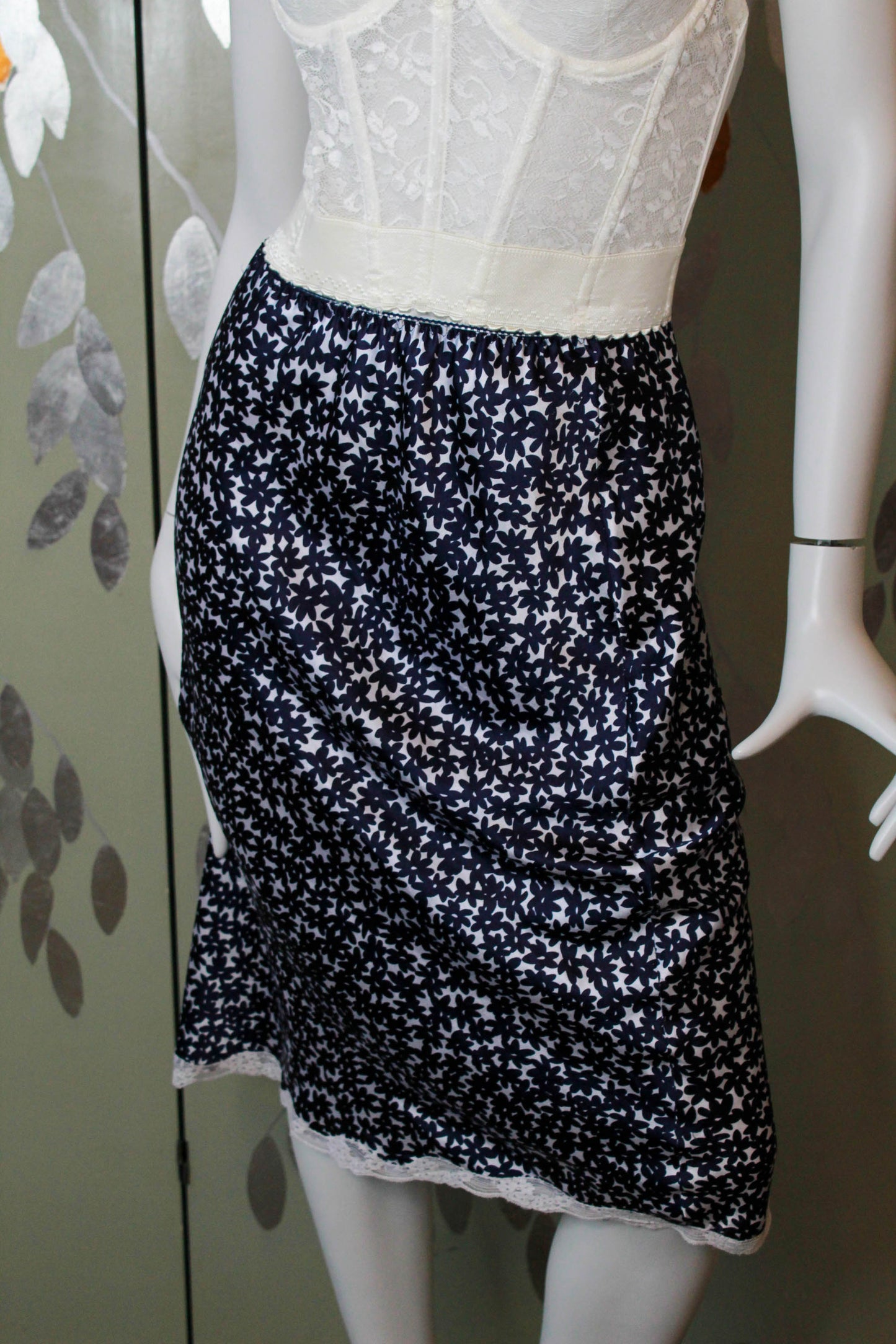 1980s Blue Floral Print Slip Skirt, Small/Medium