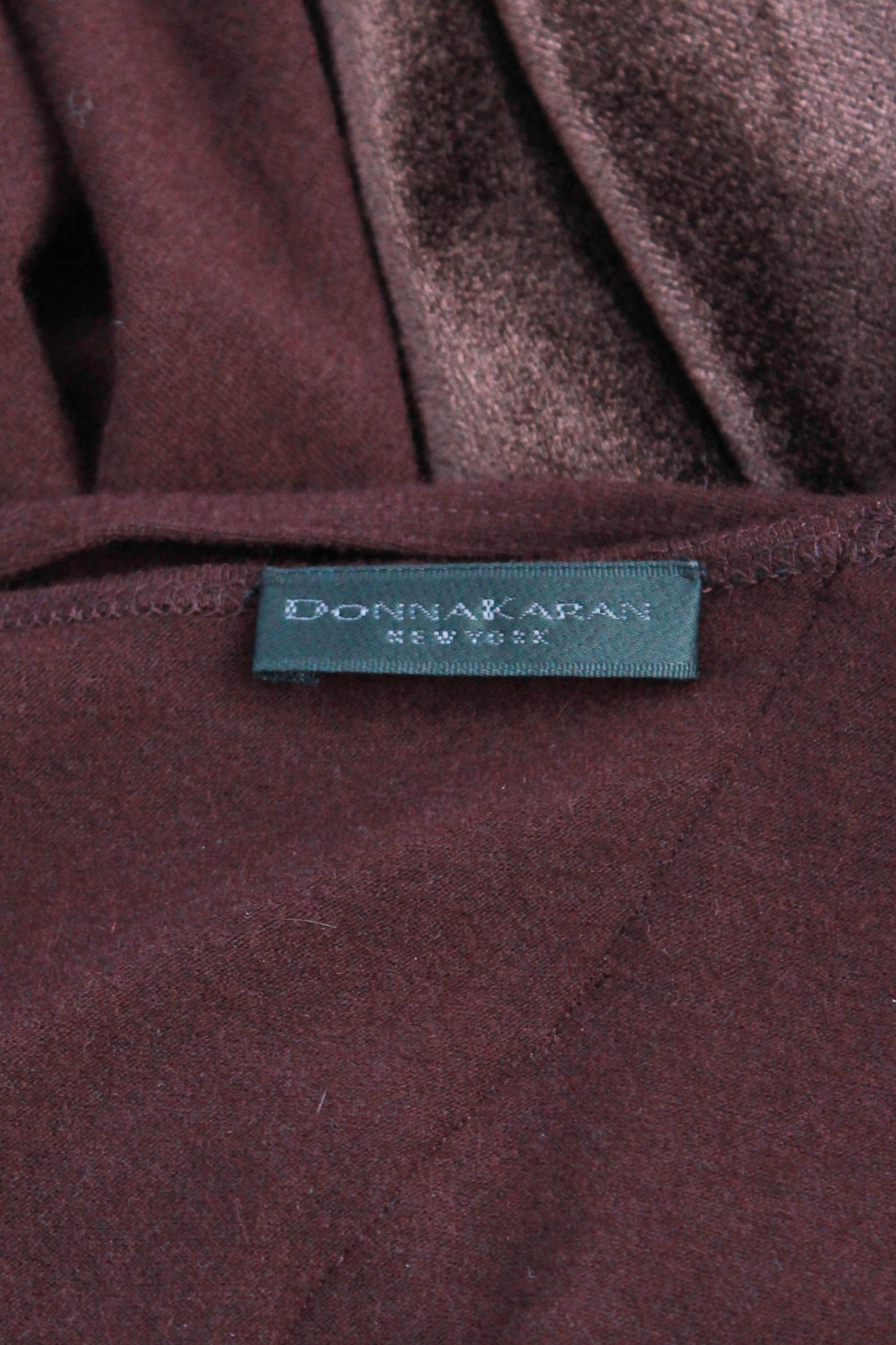 donna karan new york dkny brown draped knotted jersey and velvet dress with fitted silhouette, long sleeves, and trumpet flare, midi length