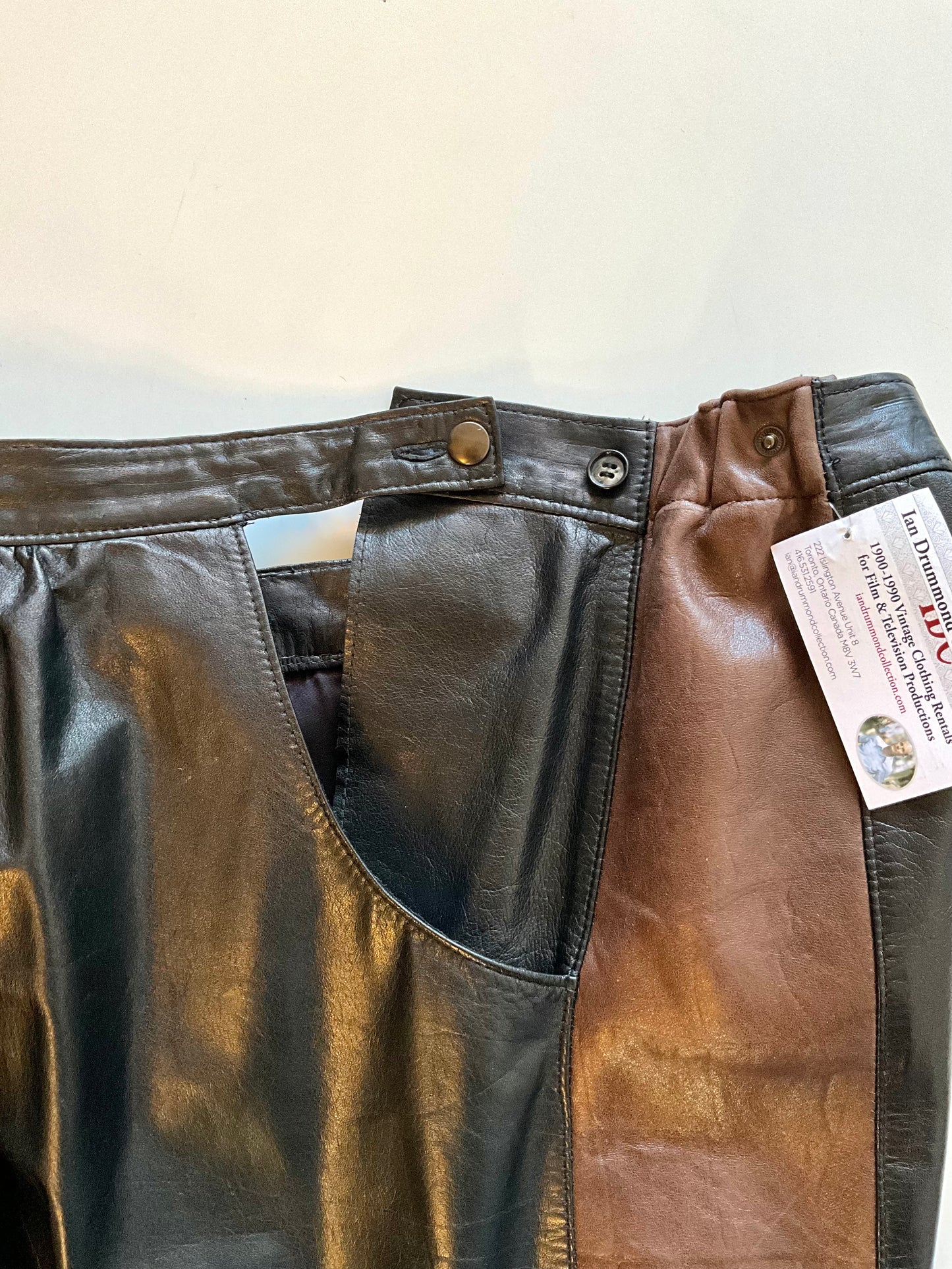 Vintage 1980s Black and Brown Leather Midi Skirt, W30