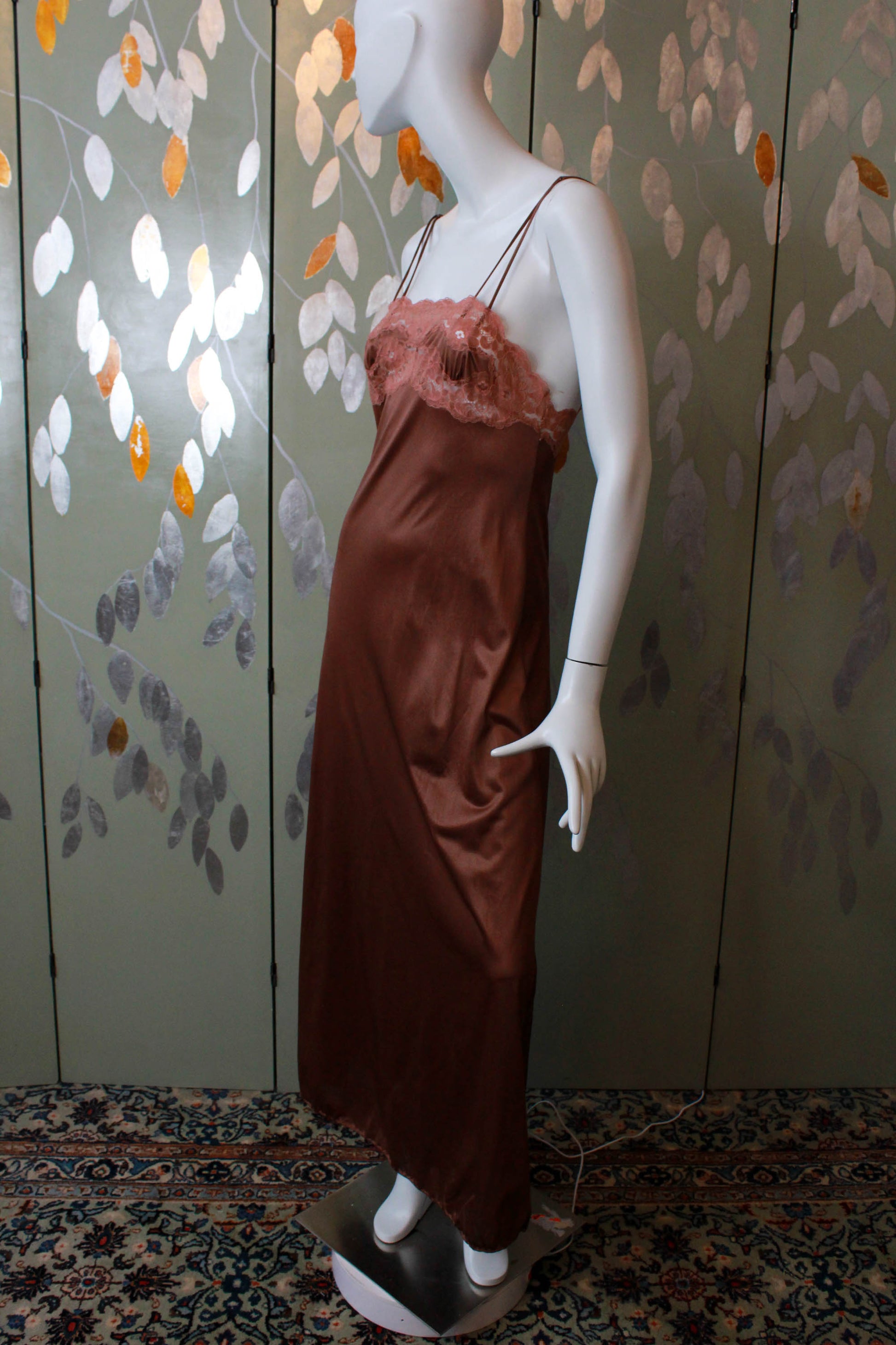 1980s soft brown slip dress maxi length spaghetti straps lace trim