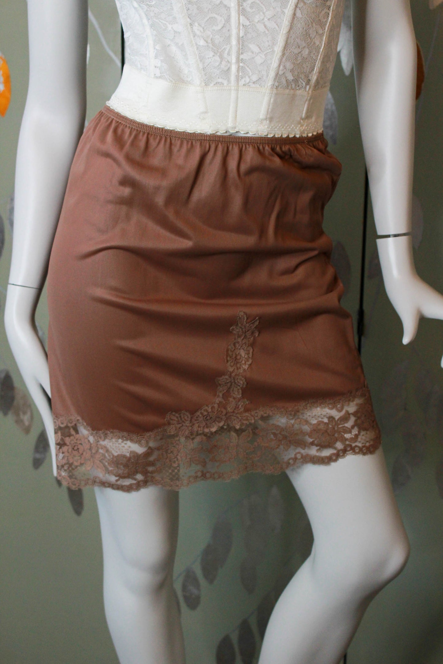 Vintage Brown Lace Slip Skirt, Small