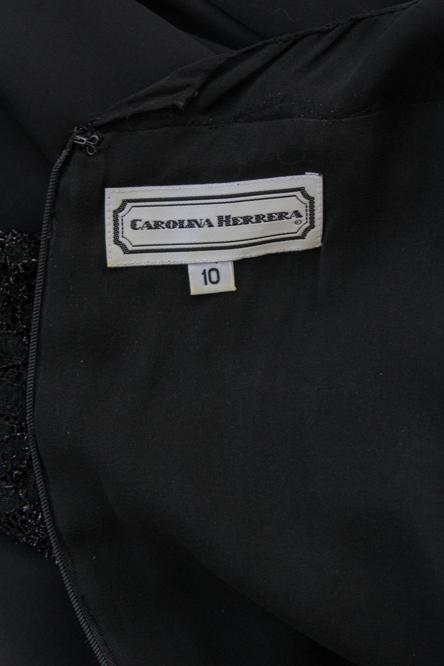 80s Black Metallic Lace Silk Carolina Herrera Dress, Long Sleeves, knee length vintage designer fashion