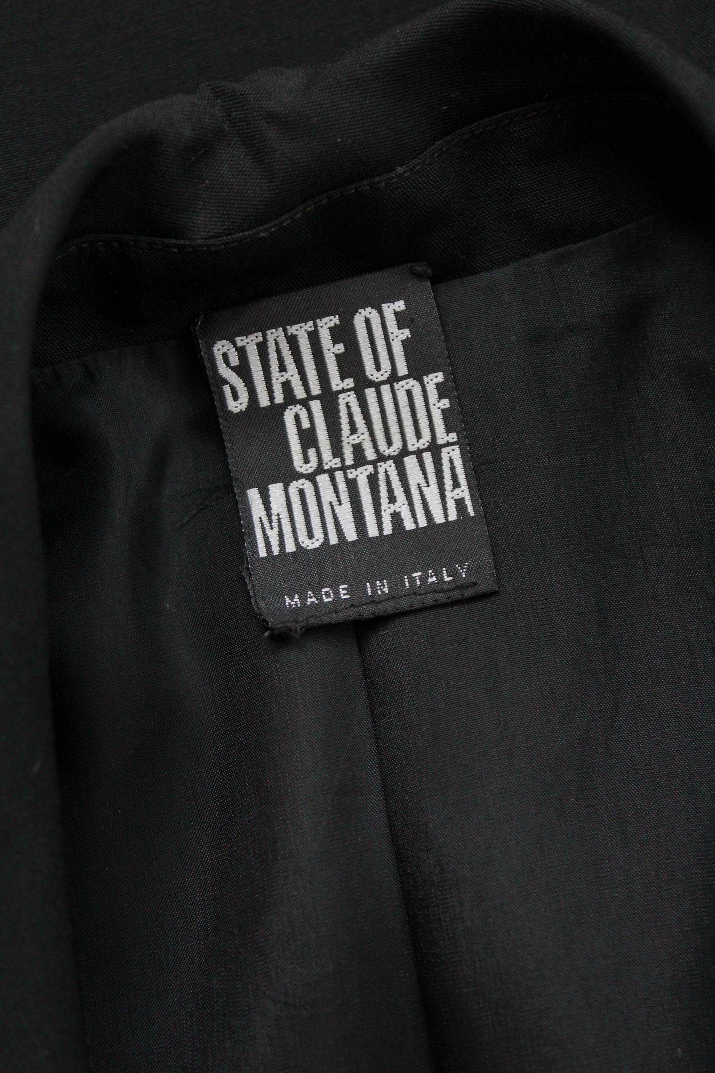 90s claude montana blazer with a silver clasp at the waist, sharp notched collar vintage designer claude montana jacket black