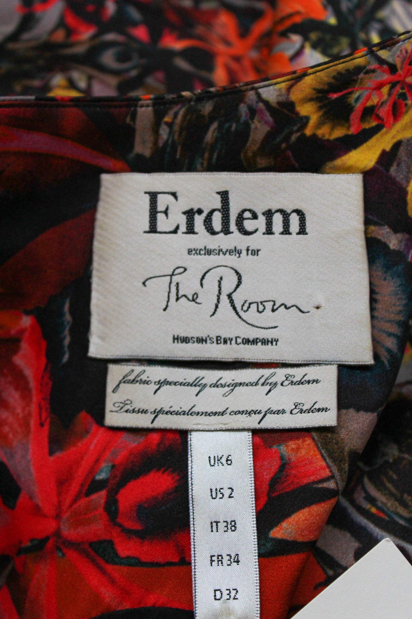 Erdem silk floral print dress with pleated skirt, pockets, fitted bodice, made in england