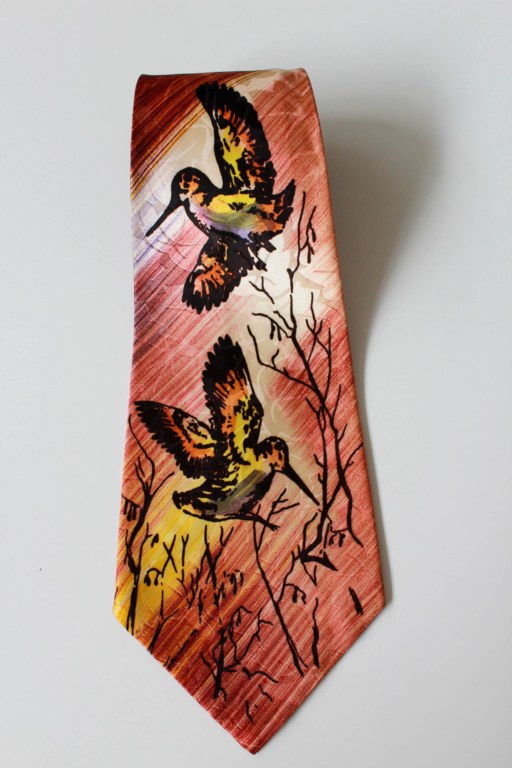 1940s flying birds hand painted rayon necktie, wide tongue, E&W Cravats 