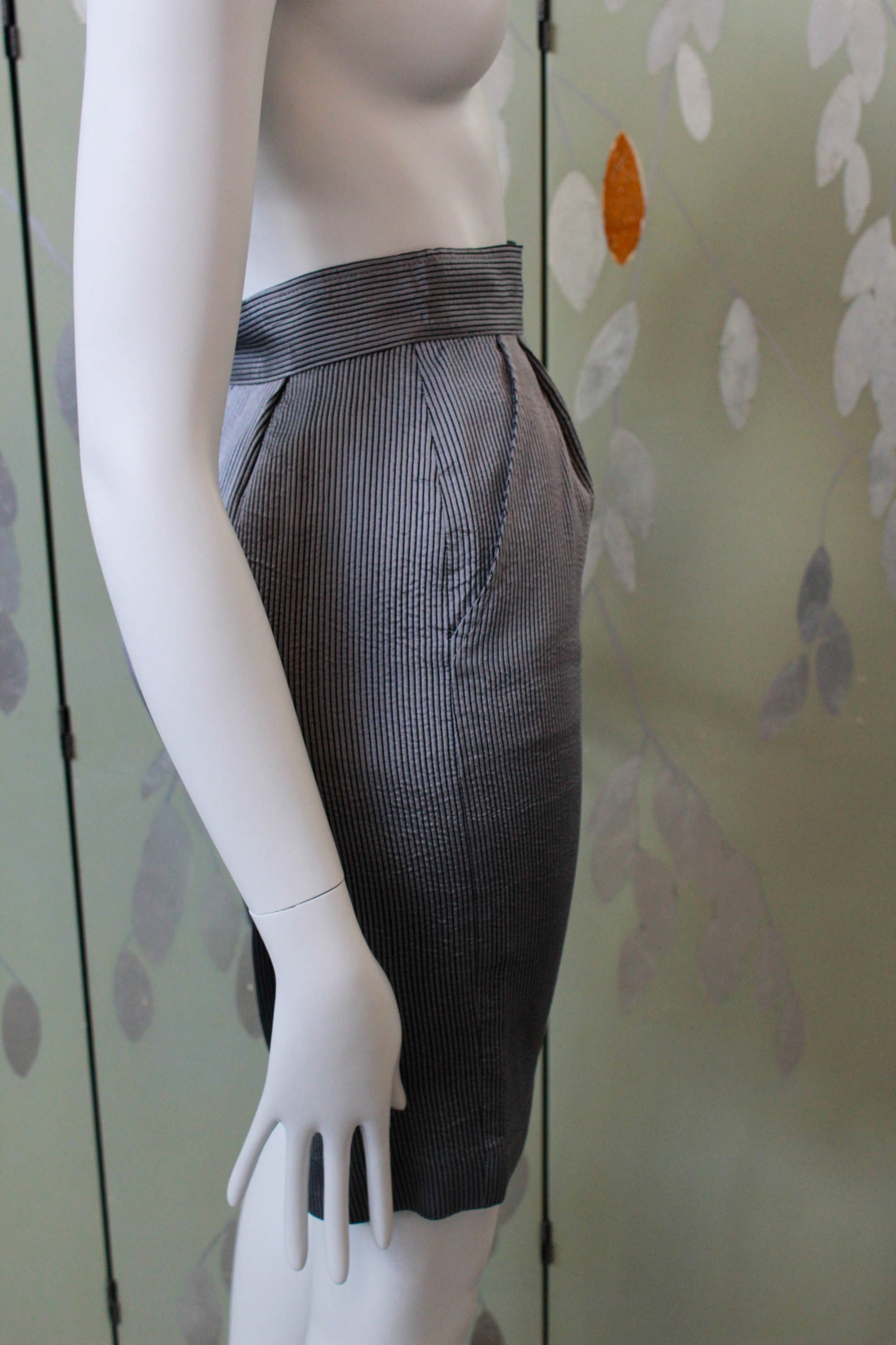 1990s harriet selling silk pencil skirt with pockets, high waisted, grey and black pinstripe
