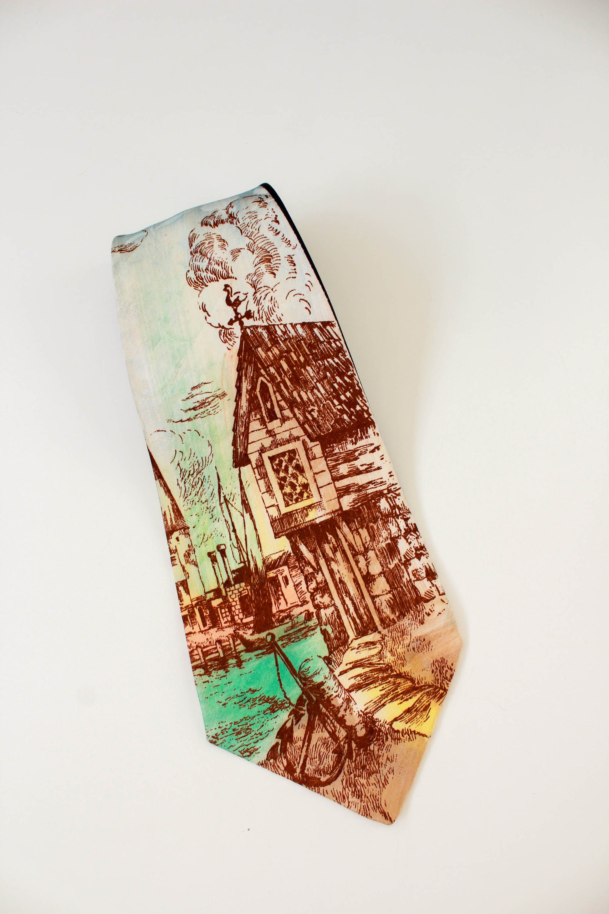 1940s rayon wide swing tie with hand painted house illustration, delmar creation vintage tie jacquard