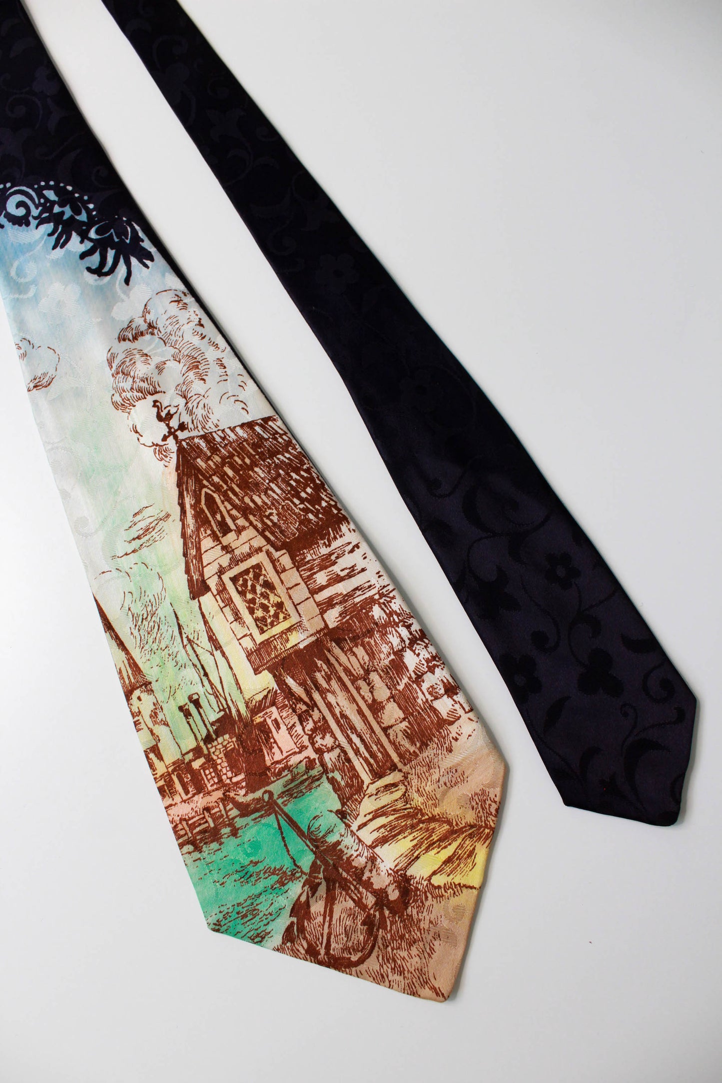 1940s rayon wide swing tie with hand painted house illustration, delmar creation vintage tie jacquard