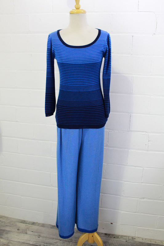 1970s Givenchy Lounge Set, Silk Knit Blend Blue Striped Long Sleeve Top and Wide Leg Pants, 70s Lounge Set, Vintage Loungewear, WFH Outfit