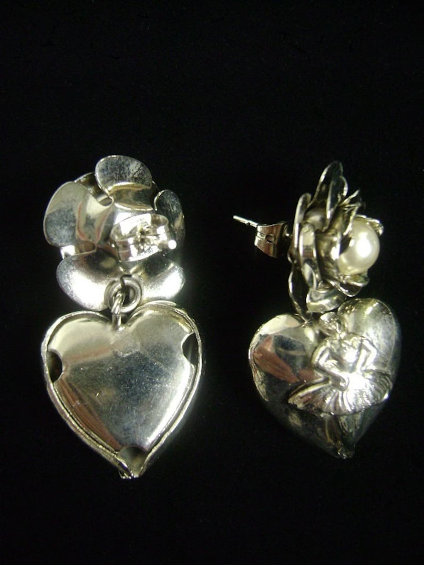 1980s Ballet Pearl Heart Drop Earrings, Deadstock, Pierced