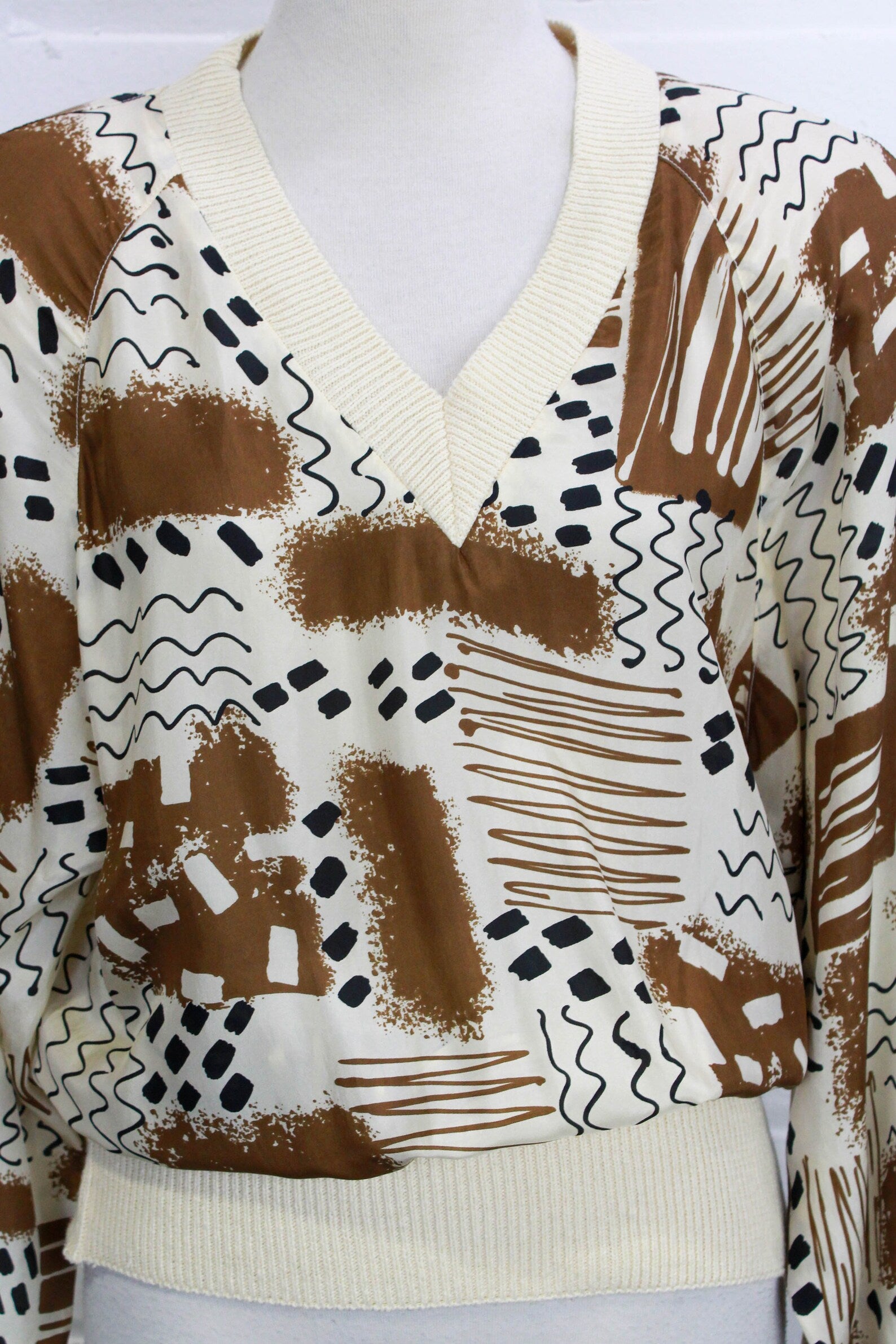 Vintage 1980s Brown & Cream Silk Print Knit Top, M/L