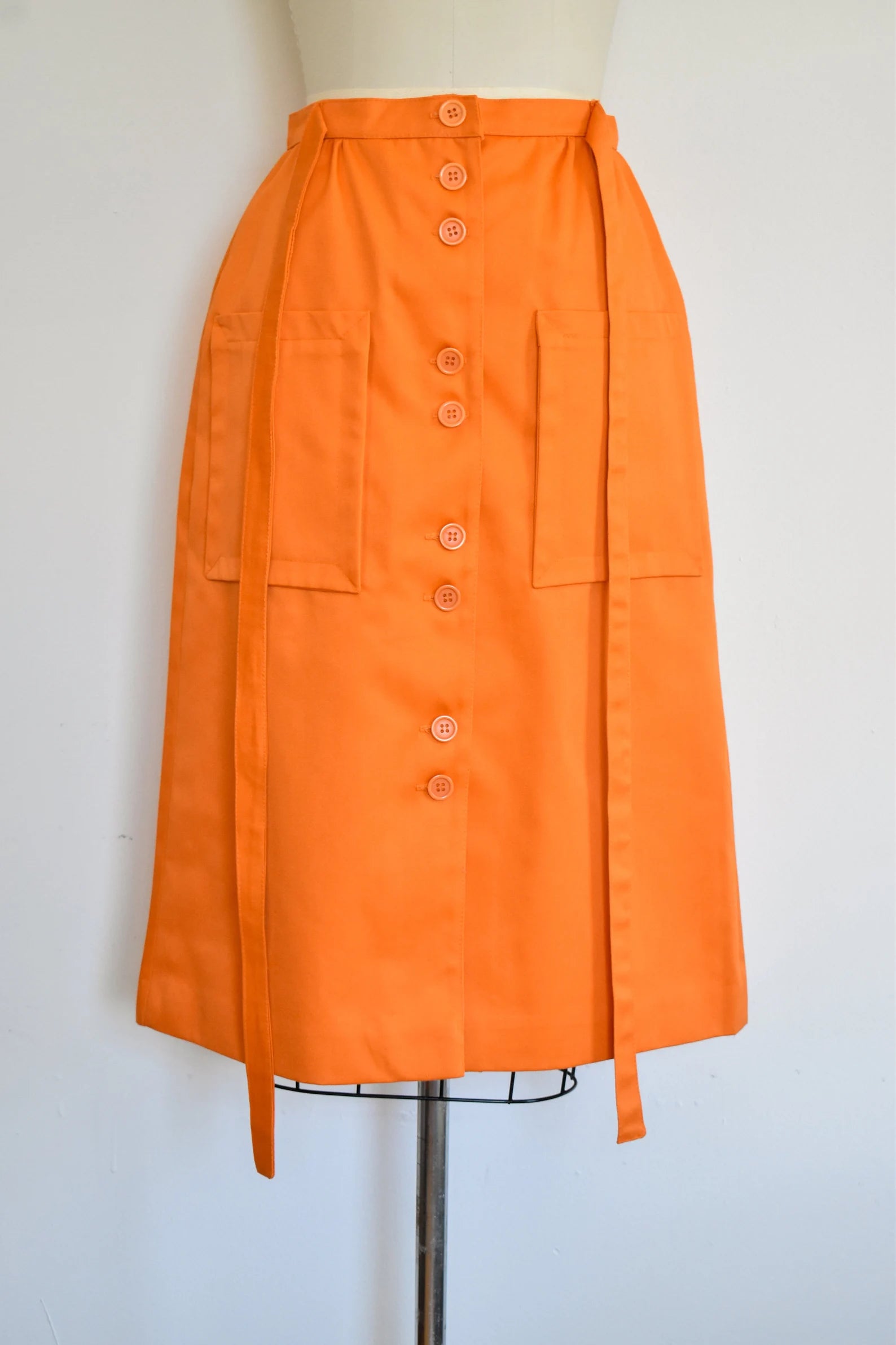 Vintage 1970s/80s Orange Button Front Twill Skirt with Waist Tie, Miss Renfrew by Holt Renfrew, Waist 29"