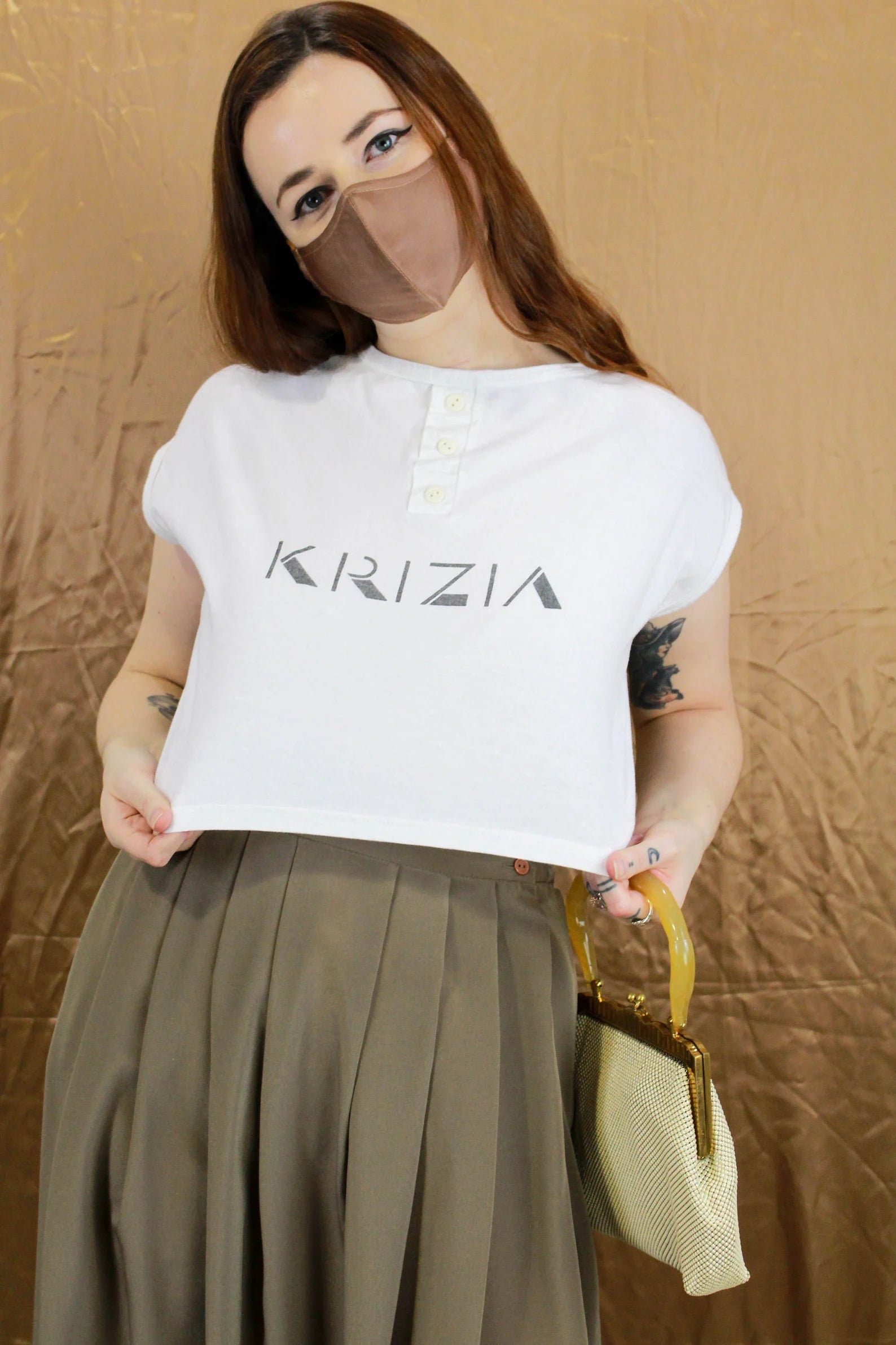 Vintage 1980s White Cropped Krizia Logo T Shirt, Medium 