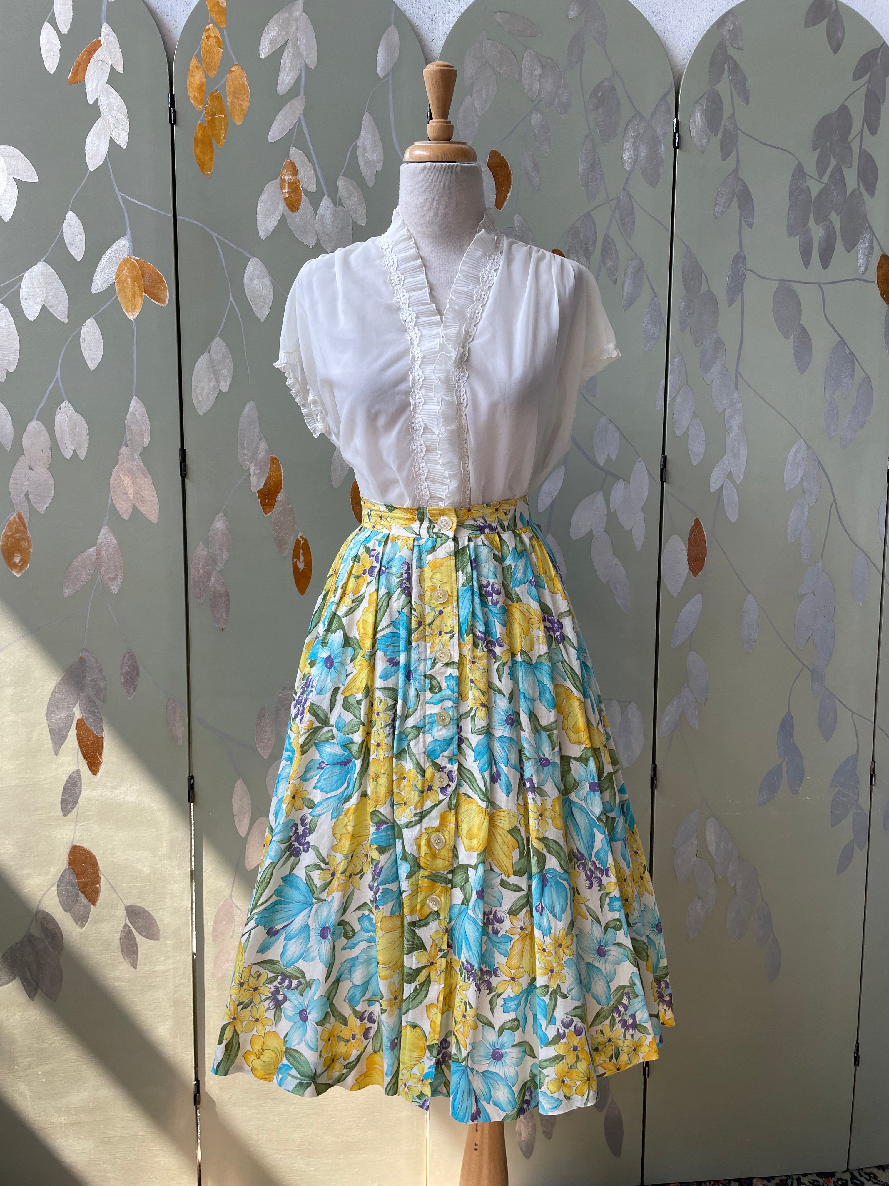 1950s 60s J. Tiktiner Blue and Yellow Floral Button Front Skirt 27 Waist
