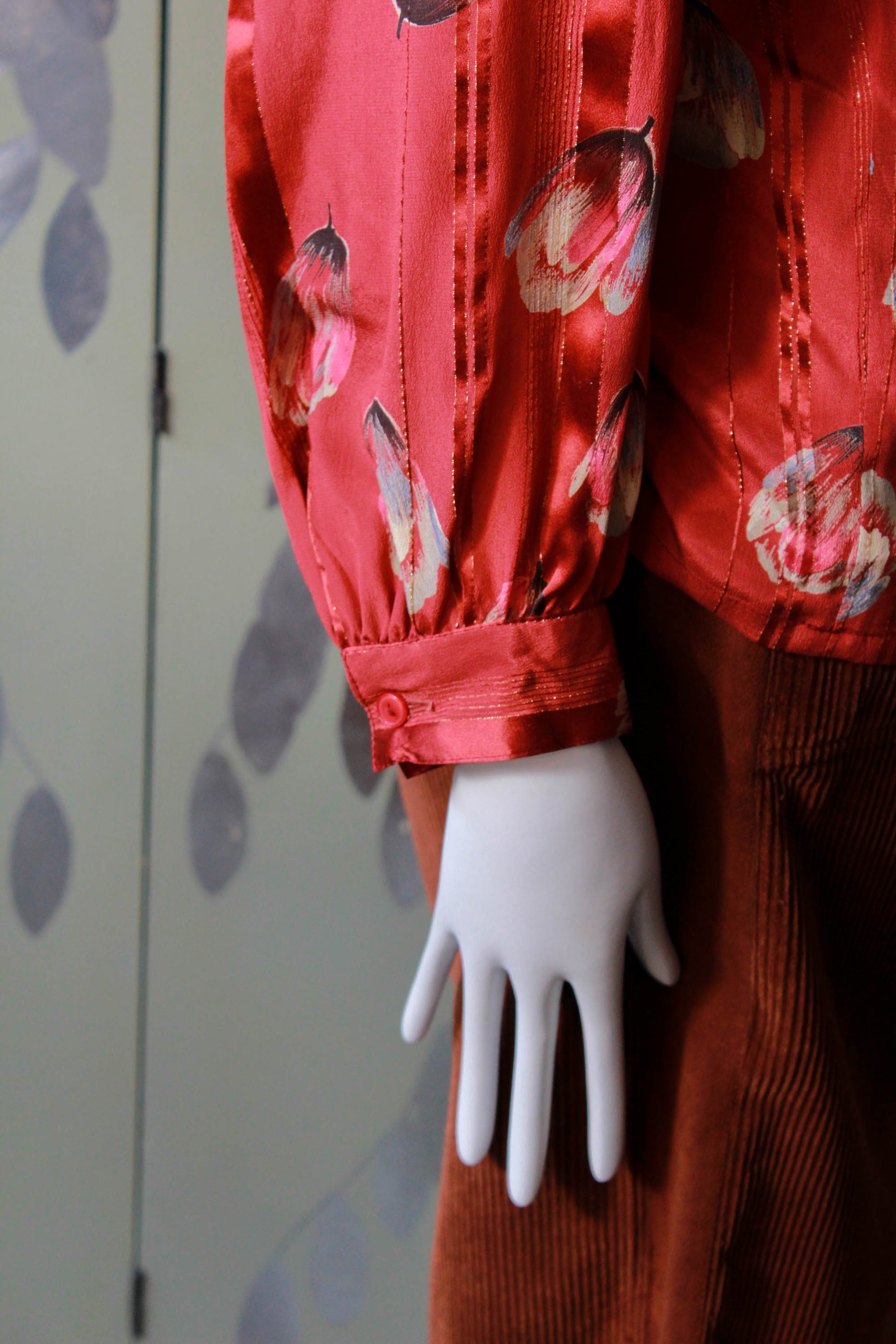 1980s silk tulip print blouse with high collar, centre front pleat, copper/red silk satin 