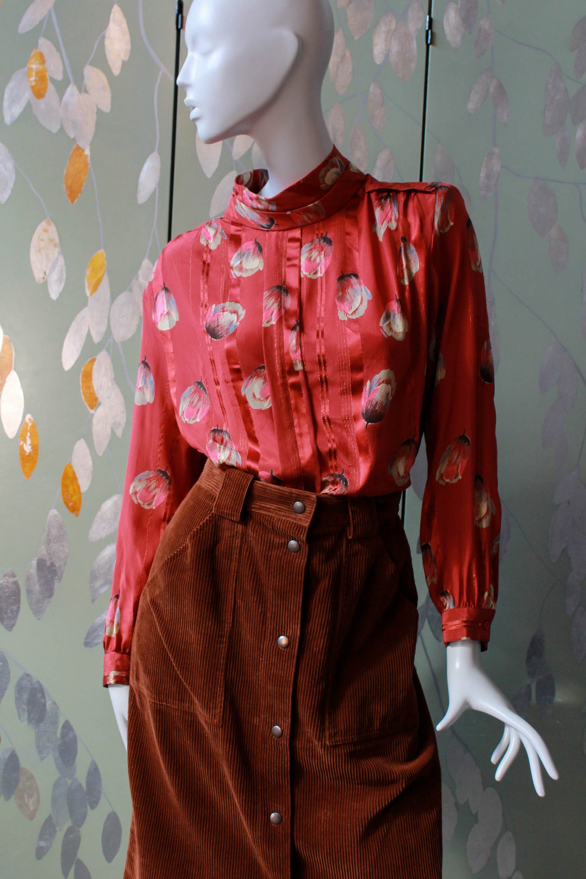 1980s silk tulip print blouse with high collar, centre front pleat, copper/red silk satin 