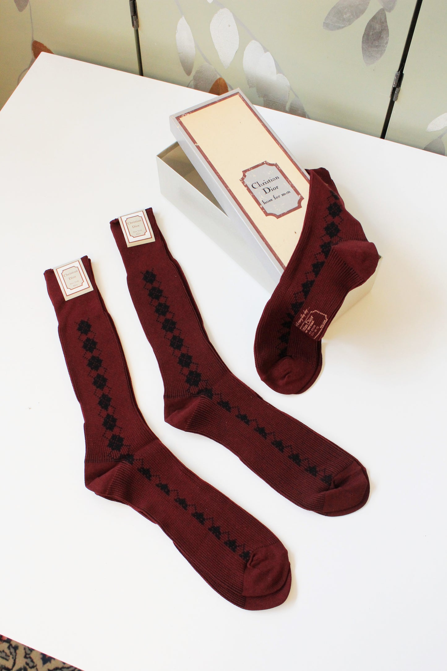 80s/90s Deadstock Christian Dior Maroon Argyle Nylon Socks, Size 10-13, Multiples