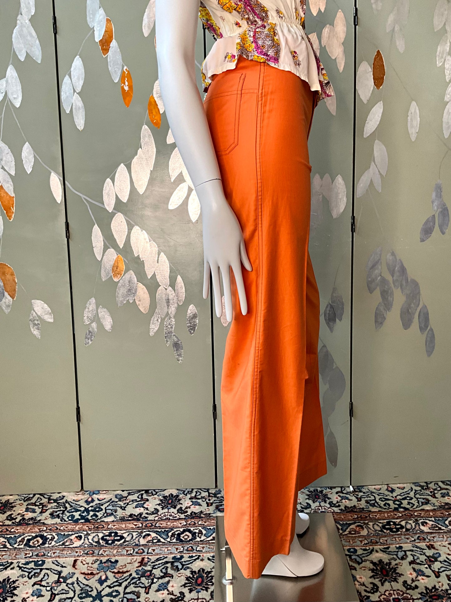 Vintage 1970s/80s Orange Polycotton Mid Rise Wide Leg Flared Pants, XS