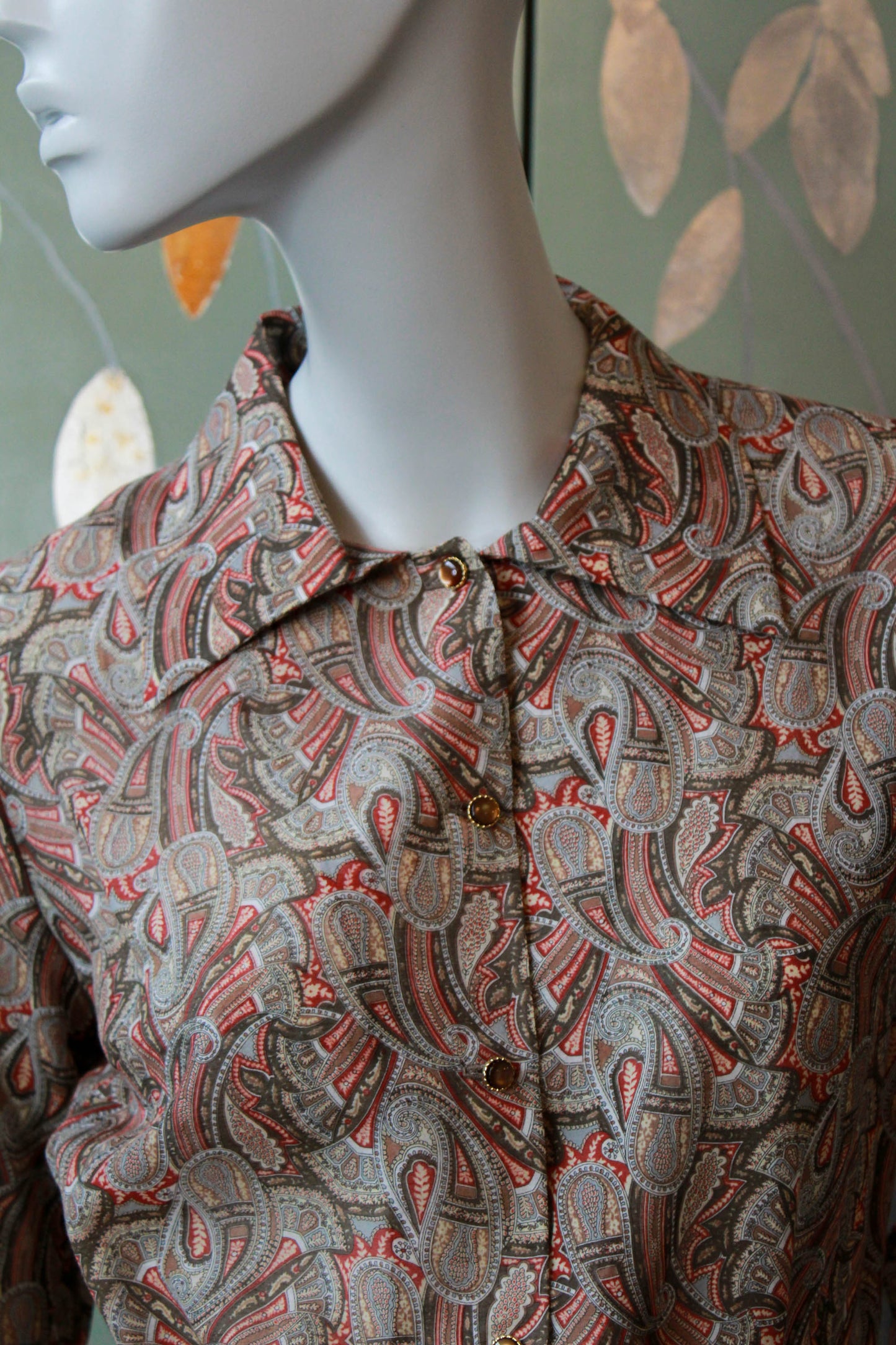 1970s style paisley print cotton blouse with spread collar, green and red paisley print