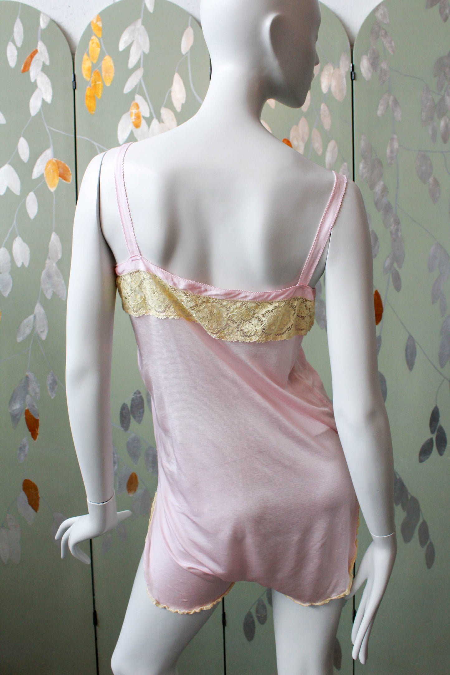 1920s lilac pink rayon step in with lace band, antique teddy, pintucks on front flower applique, side slit up legs