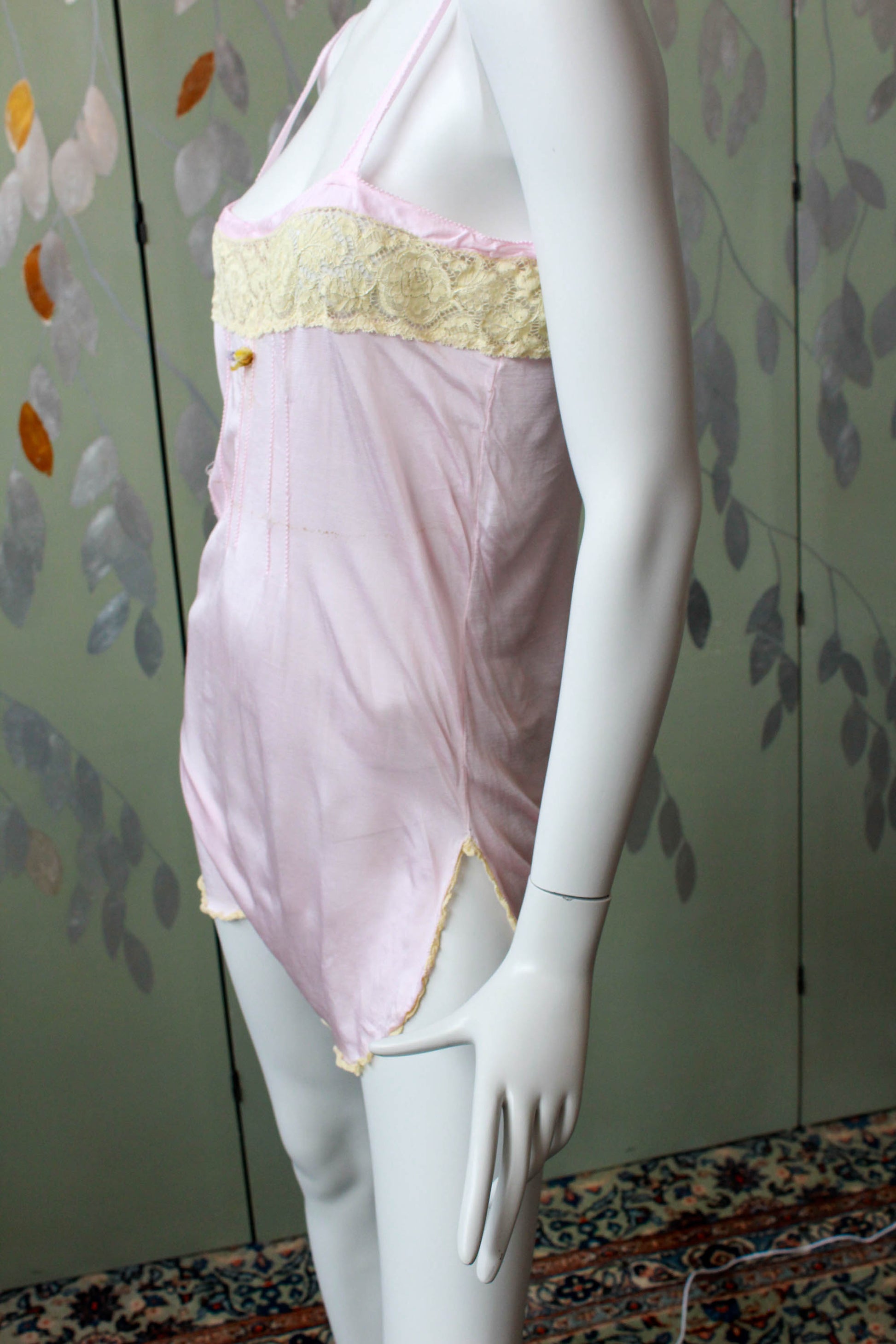 1920s lilac pink rayon step in with lace band, antique teddy, pintucks on front flower applique, side slit up legs