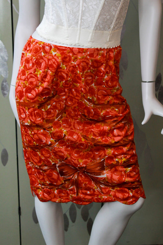 rose print with bow 1960s nylon slip skirt with scalloped hem