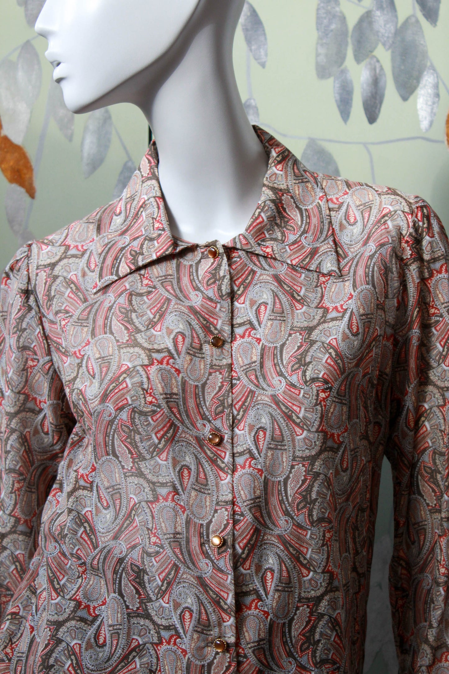 1970s style paisley print cotton blouse with spread collar, green and red paisley print