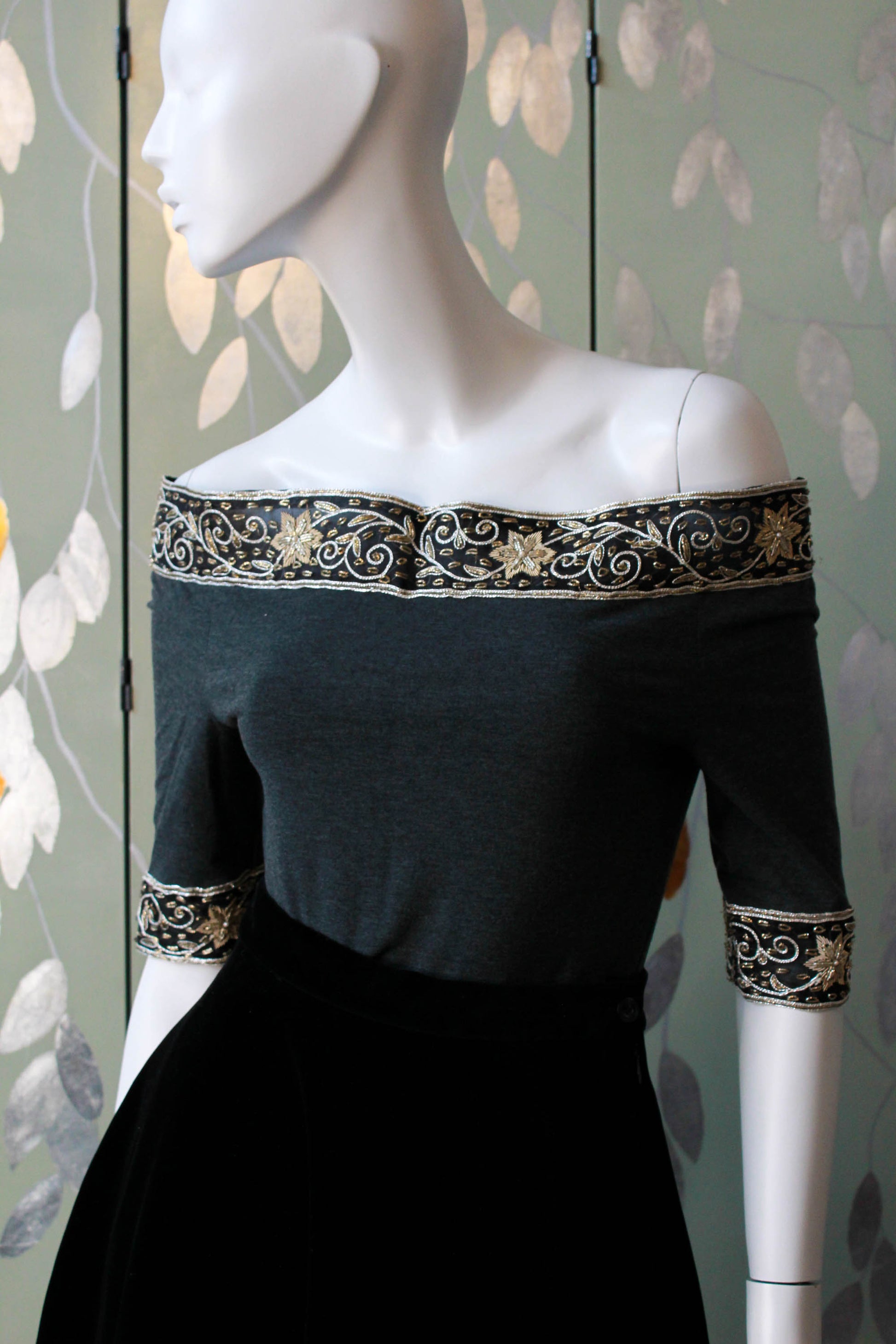 1980s romeo gigli off the shoulder knit top embroidered with gold and silver floral design