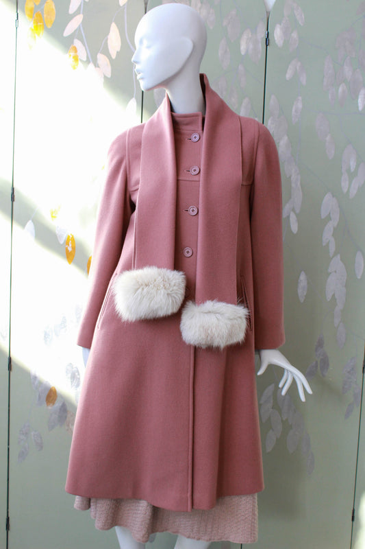 1980s rose pink wool coat with matching scarf vintage Hannah Coats Collection Minimalist Winter Coat