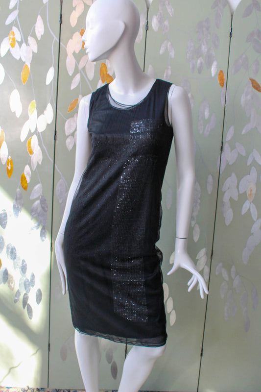 Donna Karan Signature y2k tank top dress with chiffon and tulle beaded sheer layers over solid black silver sequinned jersey layer