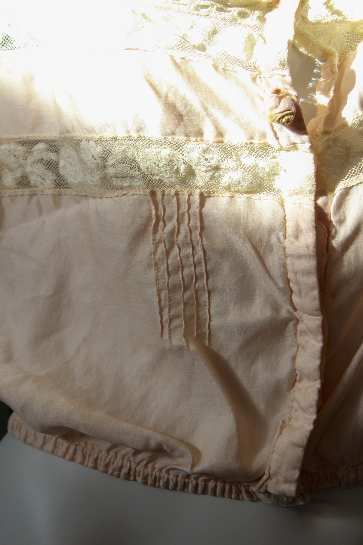 antique victorian edwardian pale pink silk corset cover with lace insets, lace straps, flower applique, pintucks antique lingerie