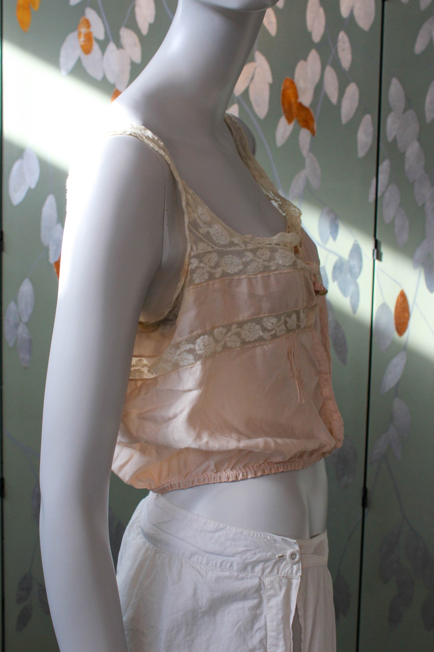antique victorian edwardian pale pink silk corset cover with lace insets, lace straps, flower applique, pintucks antique lingerie