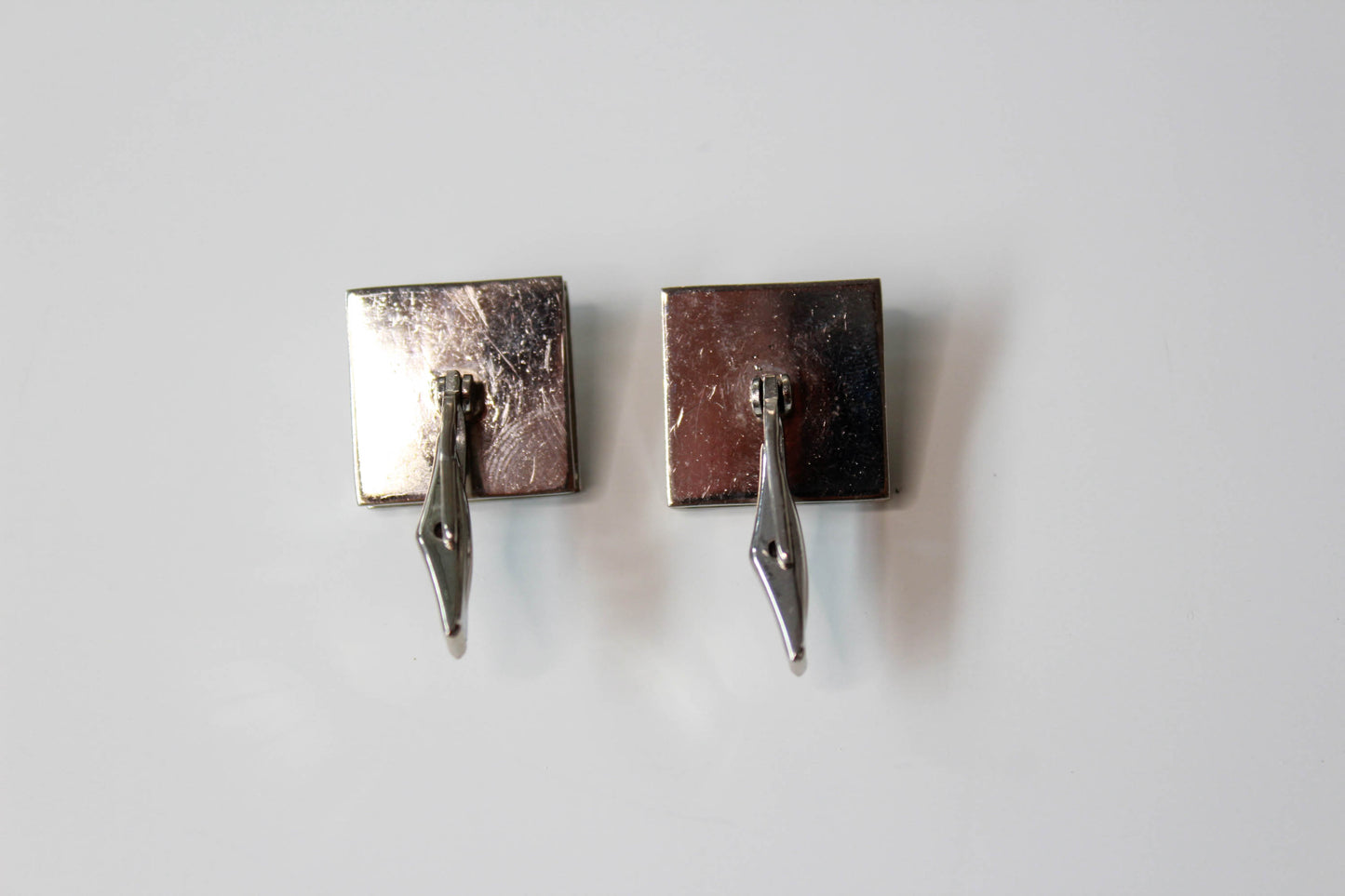 1960s silver square cufflinks with grey sphere at centre, raised framed edge, vintage gift for men