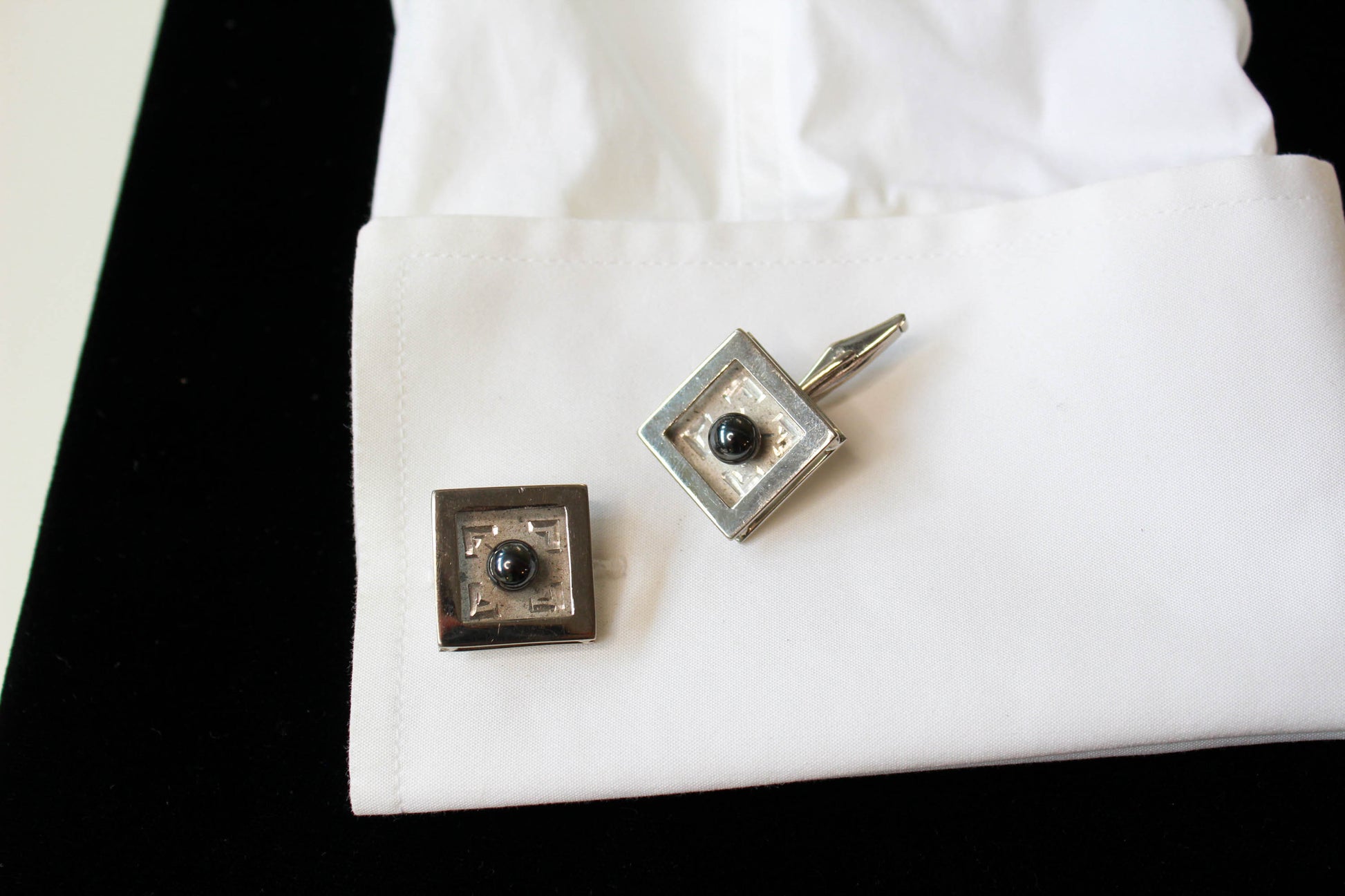 1960s silver square cufflinks with grey sphere at centre, raised framed edge, vintage gift for men