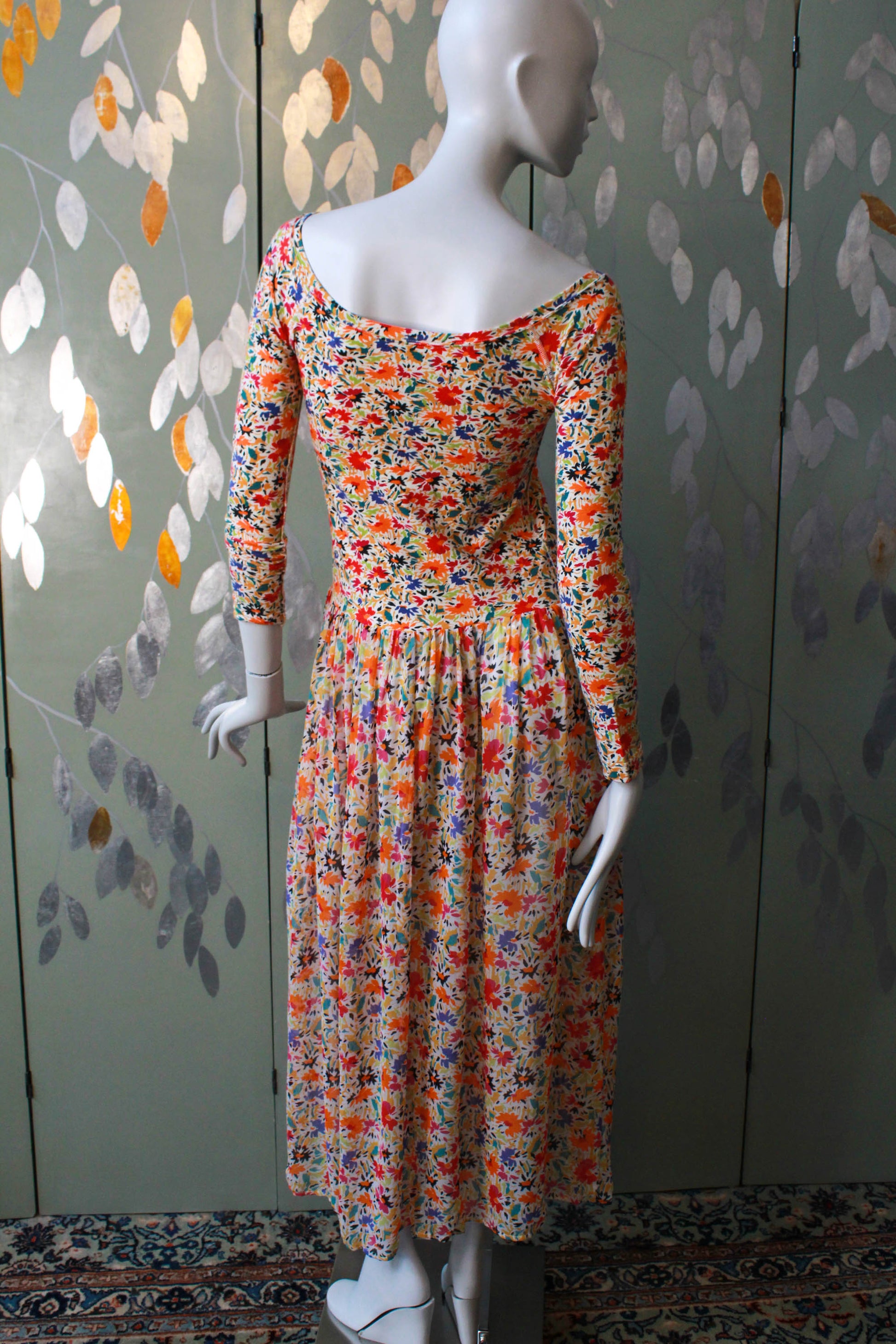 80s vintage Sonia Rykiel Floral Print Maxi Dress, Sheer Skirt and Knit Longsleeve top with scoop neckline