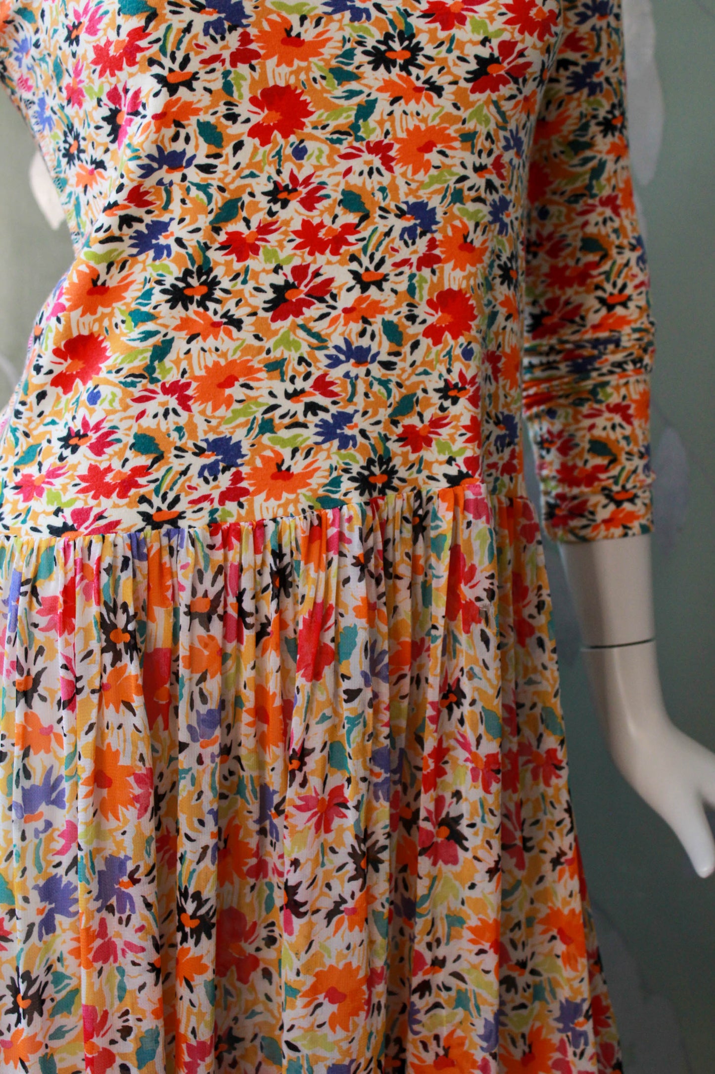 80s vintage Sonia Rykiel Floral Print Maxi Dress, Sheer Skirt and Knit Longsleeve top with scoop neckline