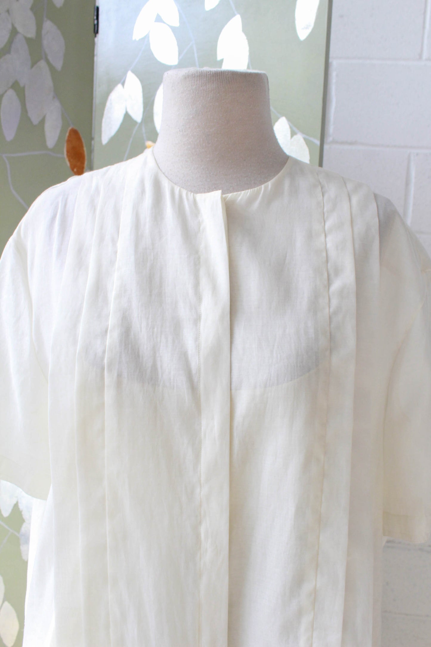 The Row Silk Button Up Shirt, Collarless, Short Sleeves, Pleated Front Design Minimalist Designer White Blouse