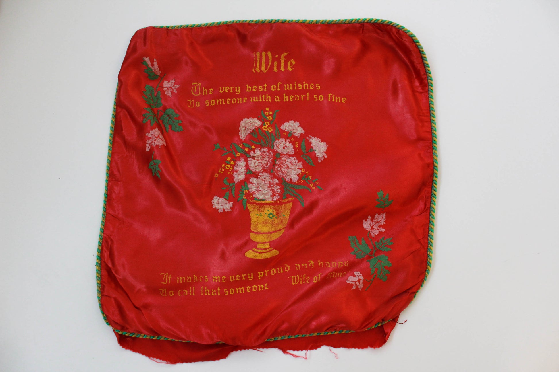 1940s rayon satin hand painted bouquet souvenir pillowcase with wife love poem, wwii era  