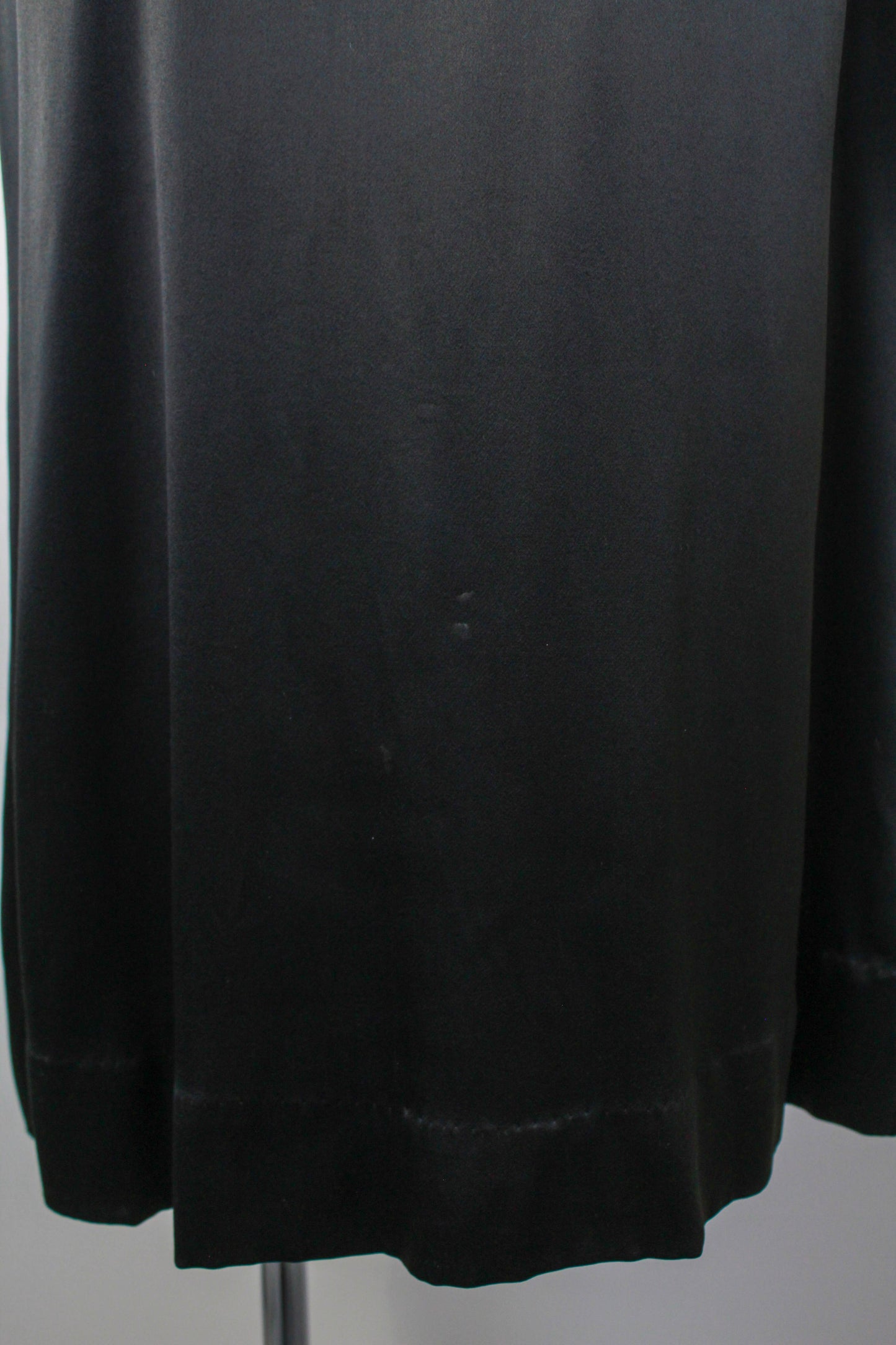 1930s Black Liquid Silk Satin Dress with Covered Buttons, Medium