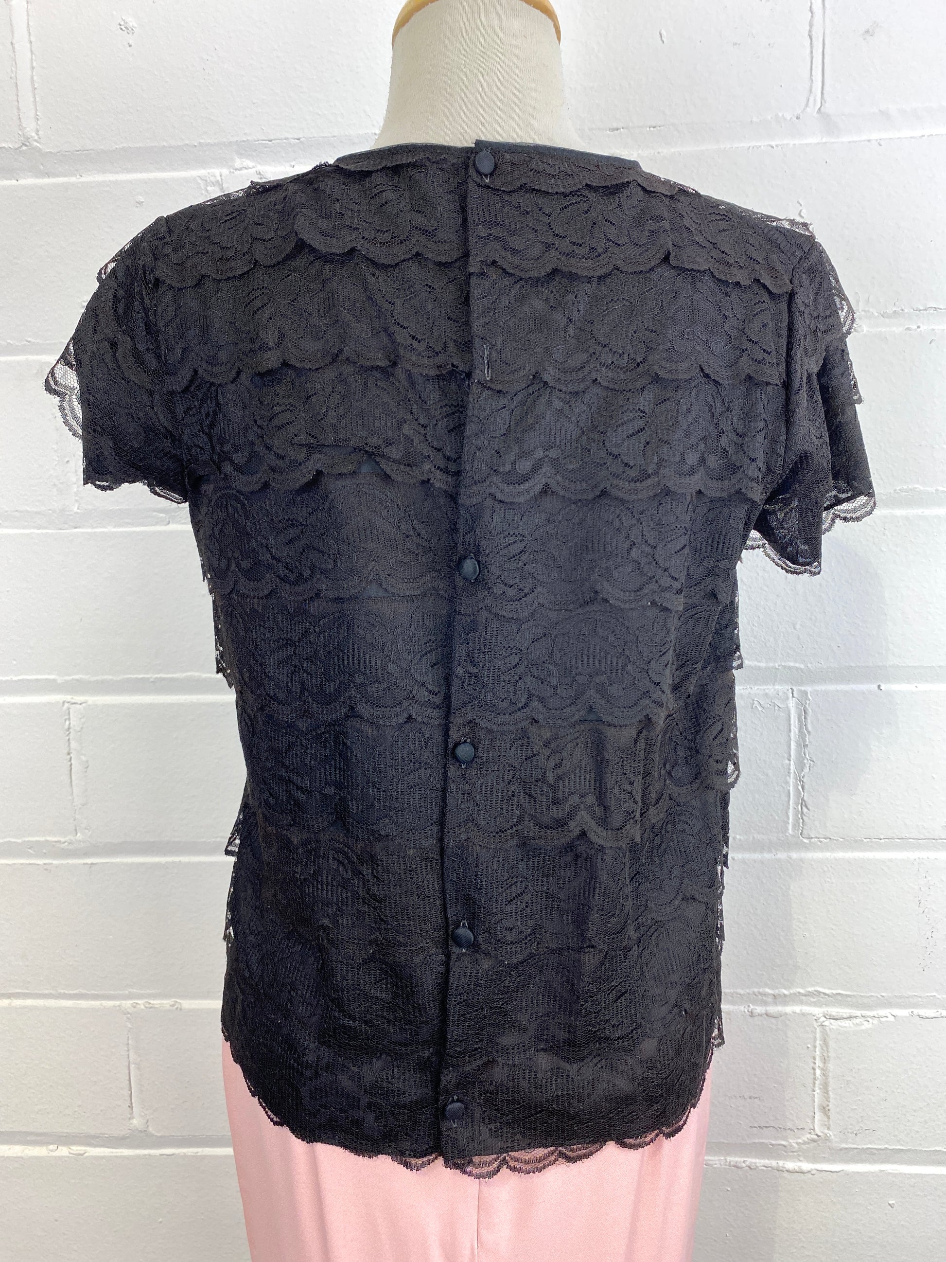 Vintage 1960s Black Lace Short Sleeve Top, Small