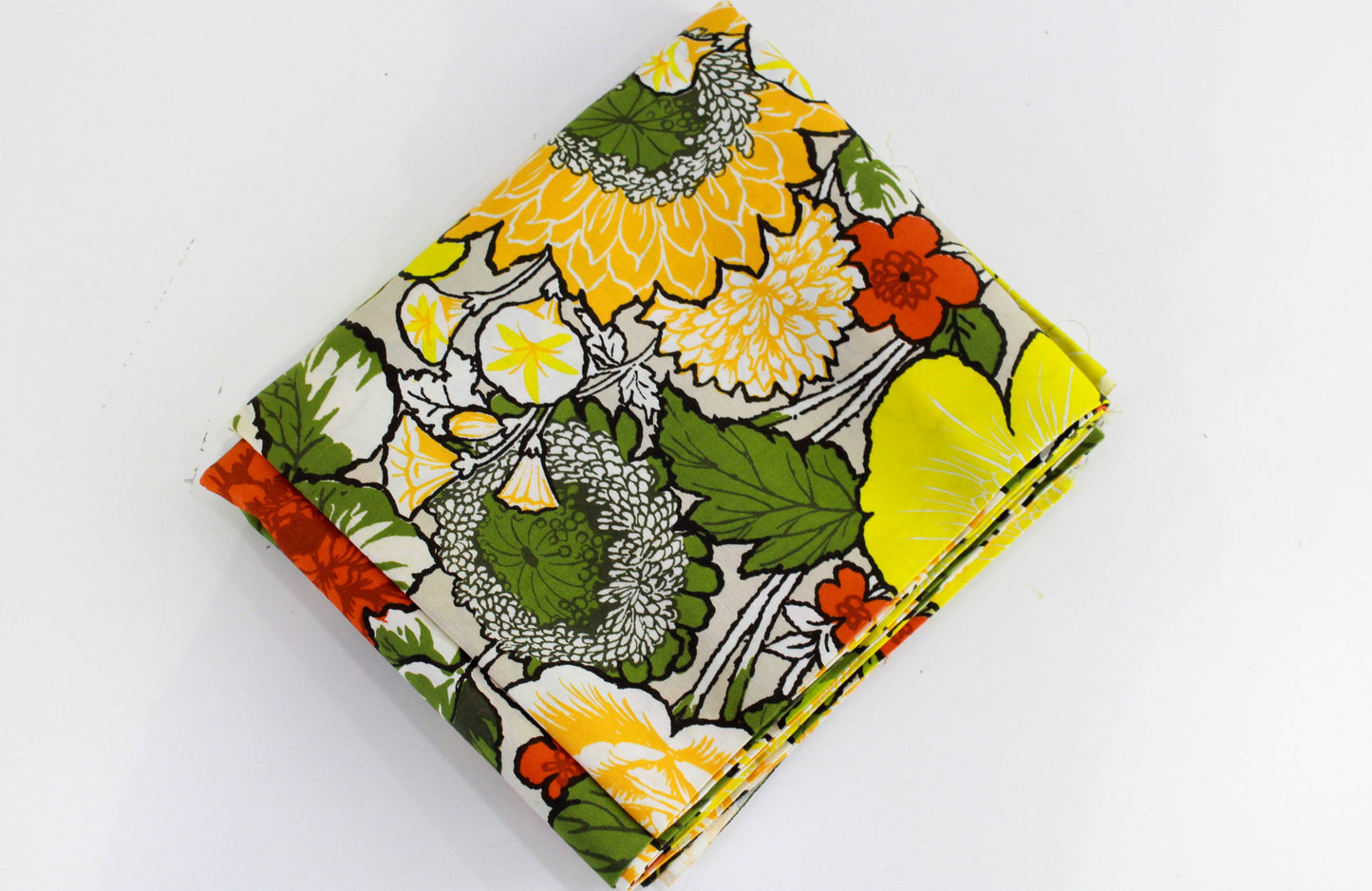 1960s Green and Yellow Mod Floral Print Cotton Fabric, 4 Yards