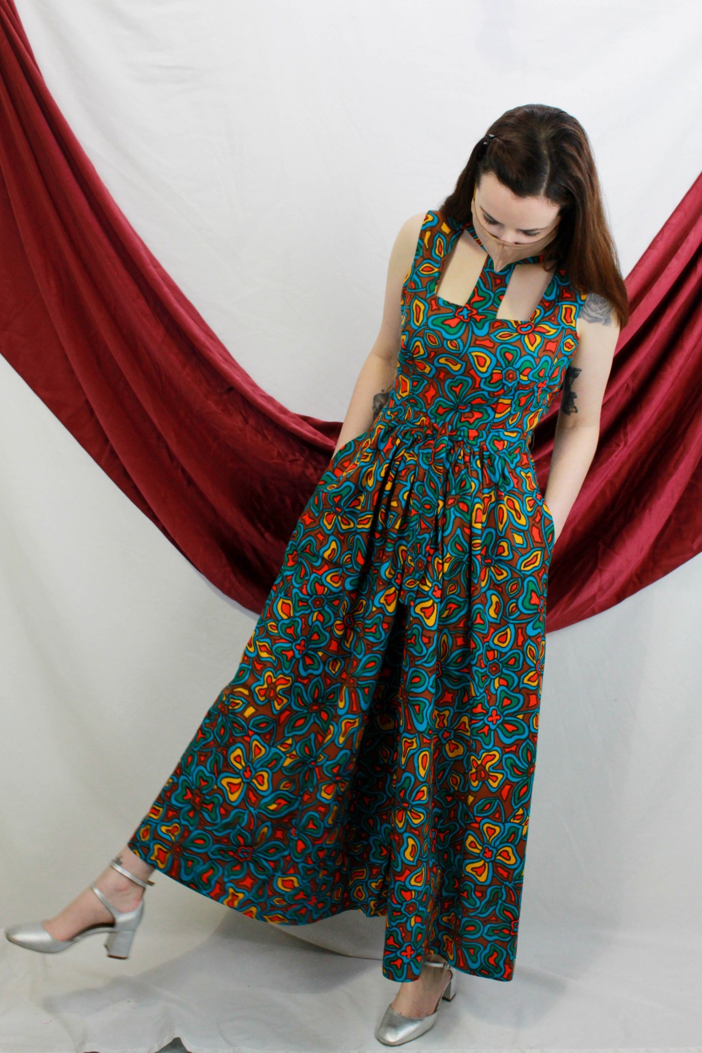 1970s Psychedelic Print Jumpsuit with Cut Out Neckline Wide Leg Front Ian Drummond Vintage 