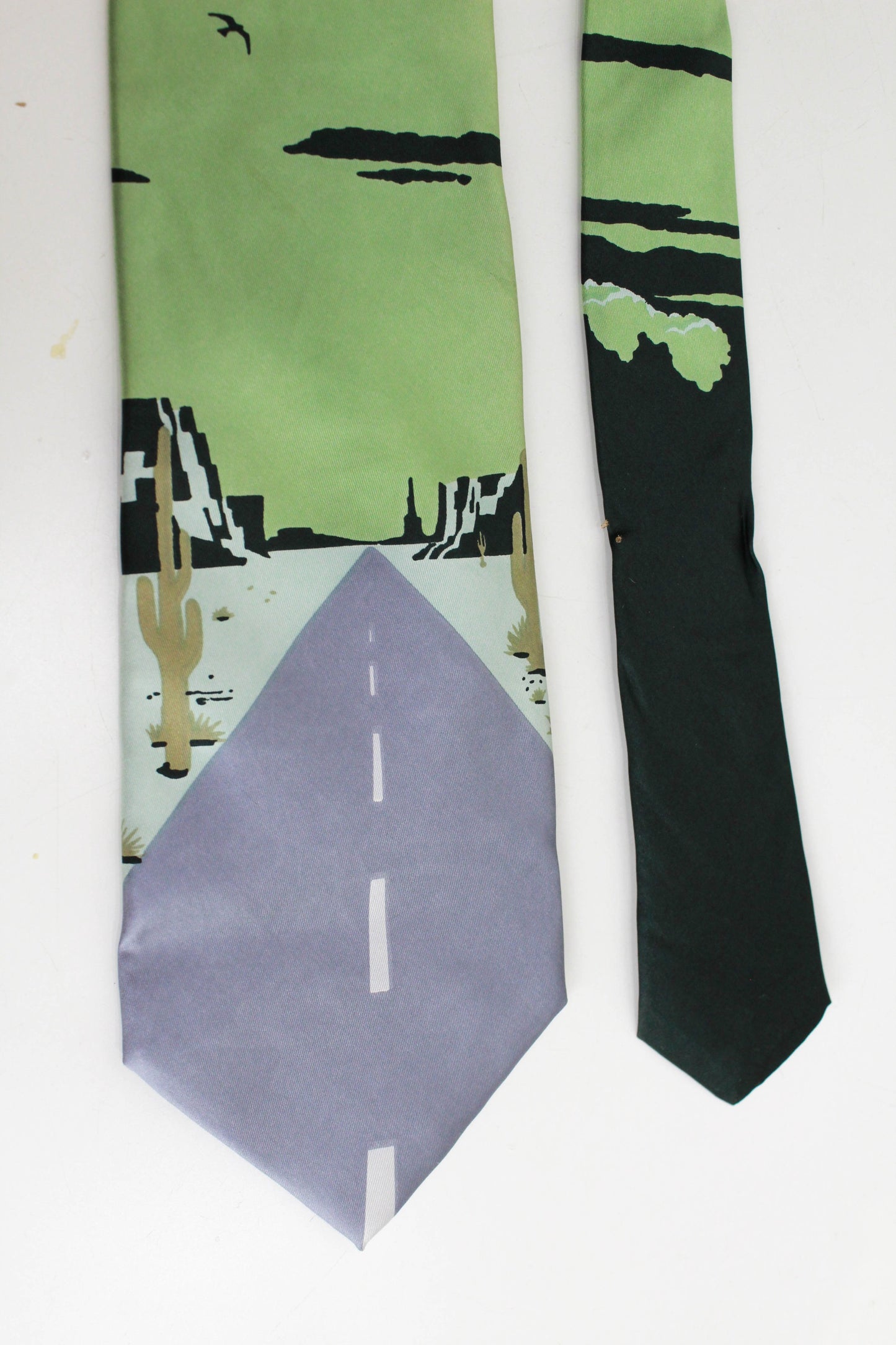 1970s novelty print necktie, silk, desert road with cactus print, by roland