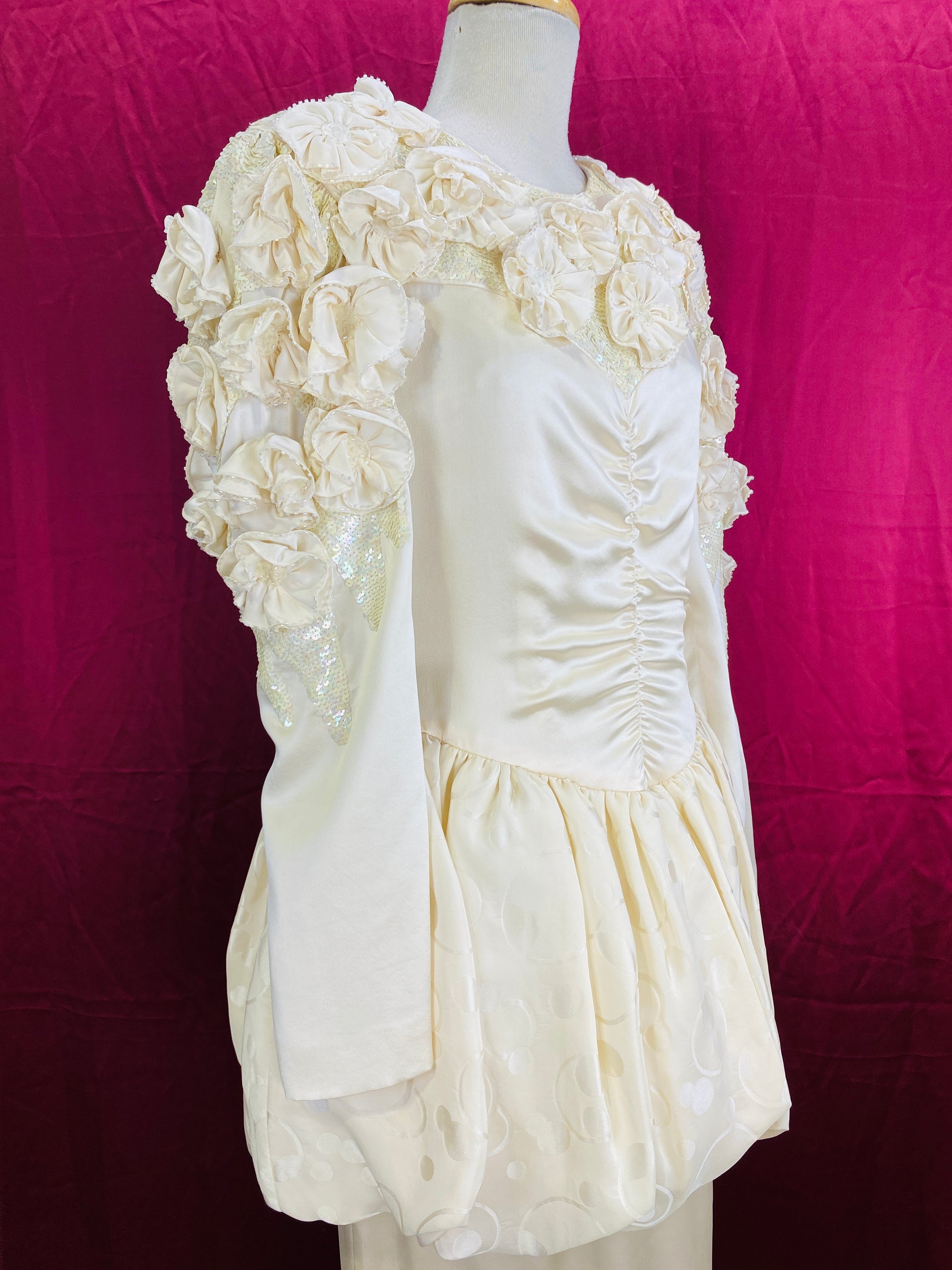 Vintage 80s Ivory Silk Bubble Skirt Embellished Long Sleeve Bridal Gown, B38