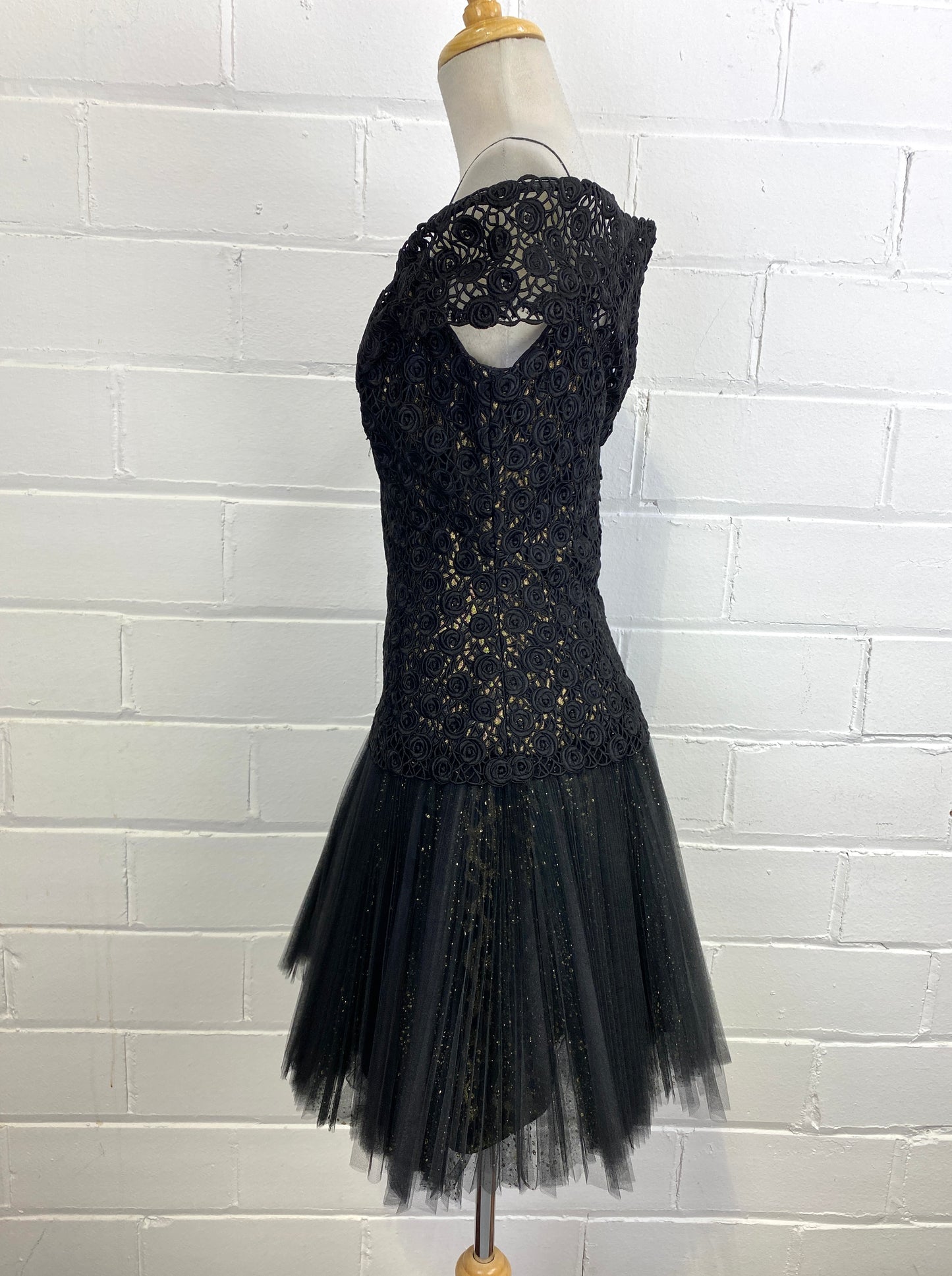 Vintage 1980s Black Pleated Tulle Drop-Waist Party Dress with Rose Lace Bodice